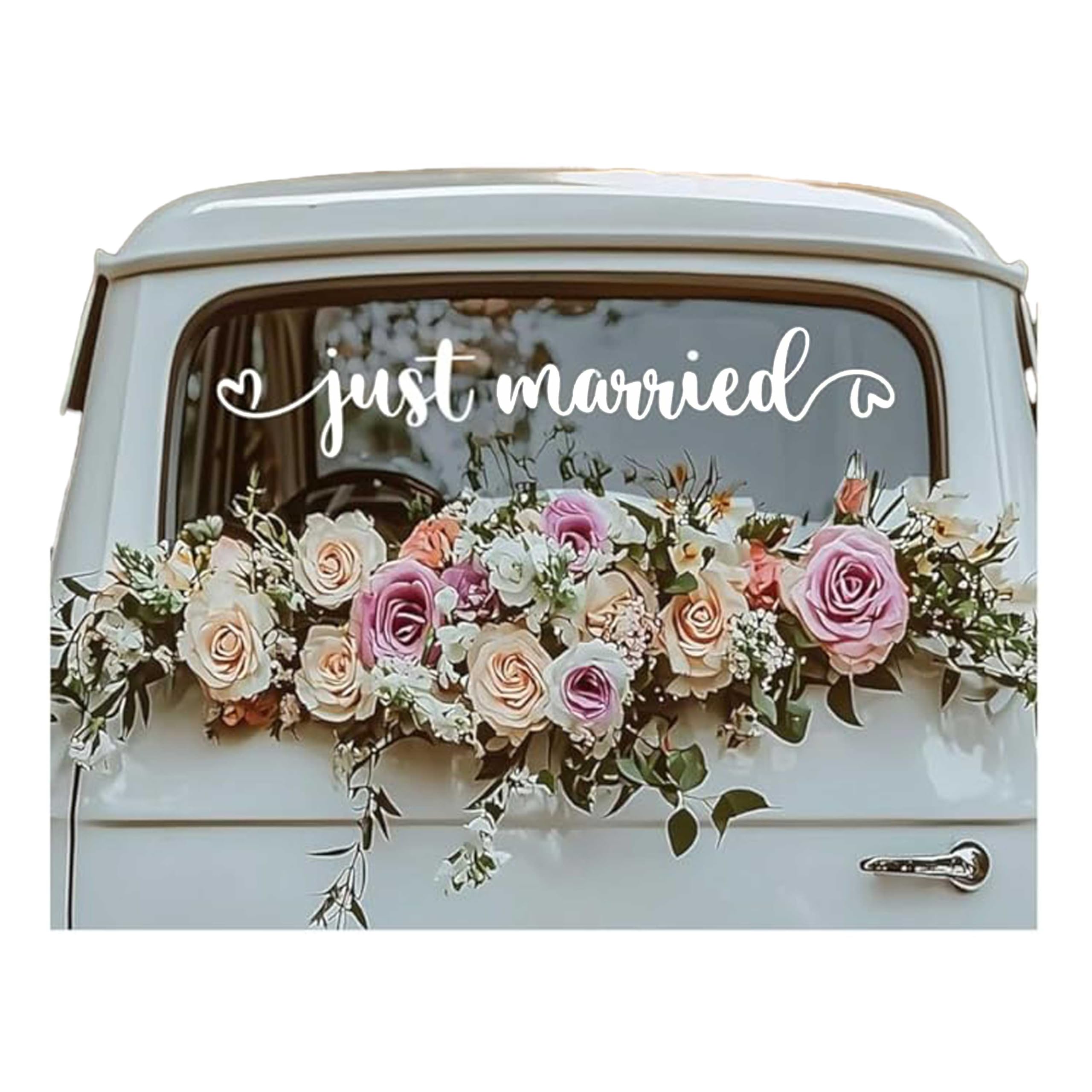 Photo 1 of Just Married Car Decal for Wedding & Honeymoon Romantic Heart Vinyl Sticker for Newlyweds, Wedding Car Decorations, Getaway Car Sign – 28 x 5.2 Inch