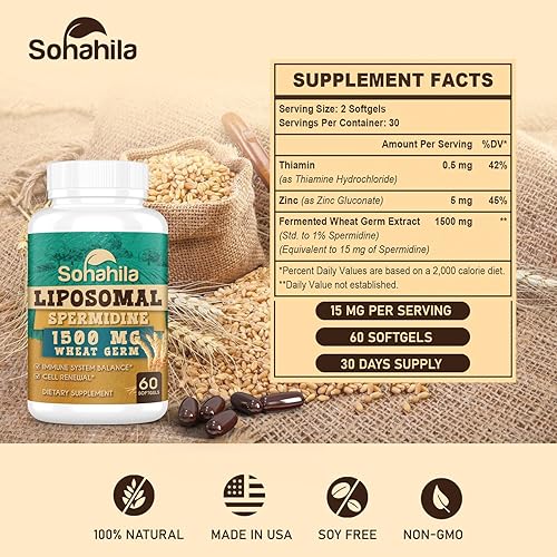 Miniatura 2 de Suplemento de espermidina de 15 mg  99% de pureza, alta absorción, 1500 mg de extracto de germen de trigo fermentado con zinc y tiamina, espermidina