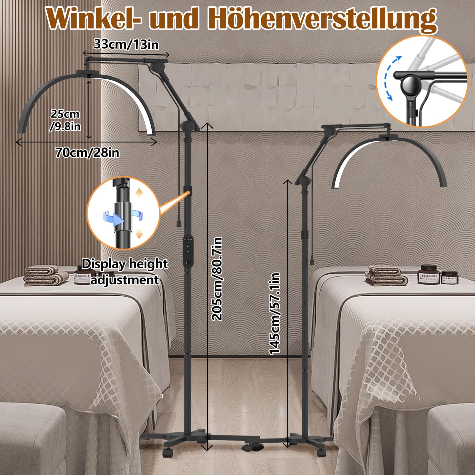 Halbmond Lampe mit Telefonhalter & Riemenscheibe, 28 Inch Faltbare LED Dimmbares Stehlampe Wimpern Lampe für Wimpernverlängerungen, Wimpernlicht für Hautpflege/Tätowierungen - Schwarz