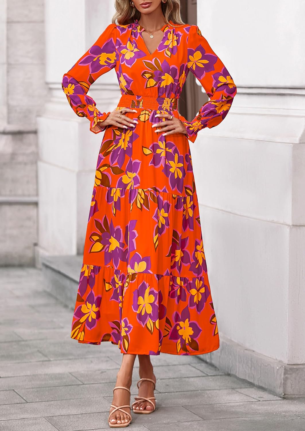 PRETTYGARDEN Women's Floral Maxi Dress 2026 Fall Long Sleeve V Neck A Line Long Flowy Spring Party Boho Dresses - Image 4