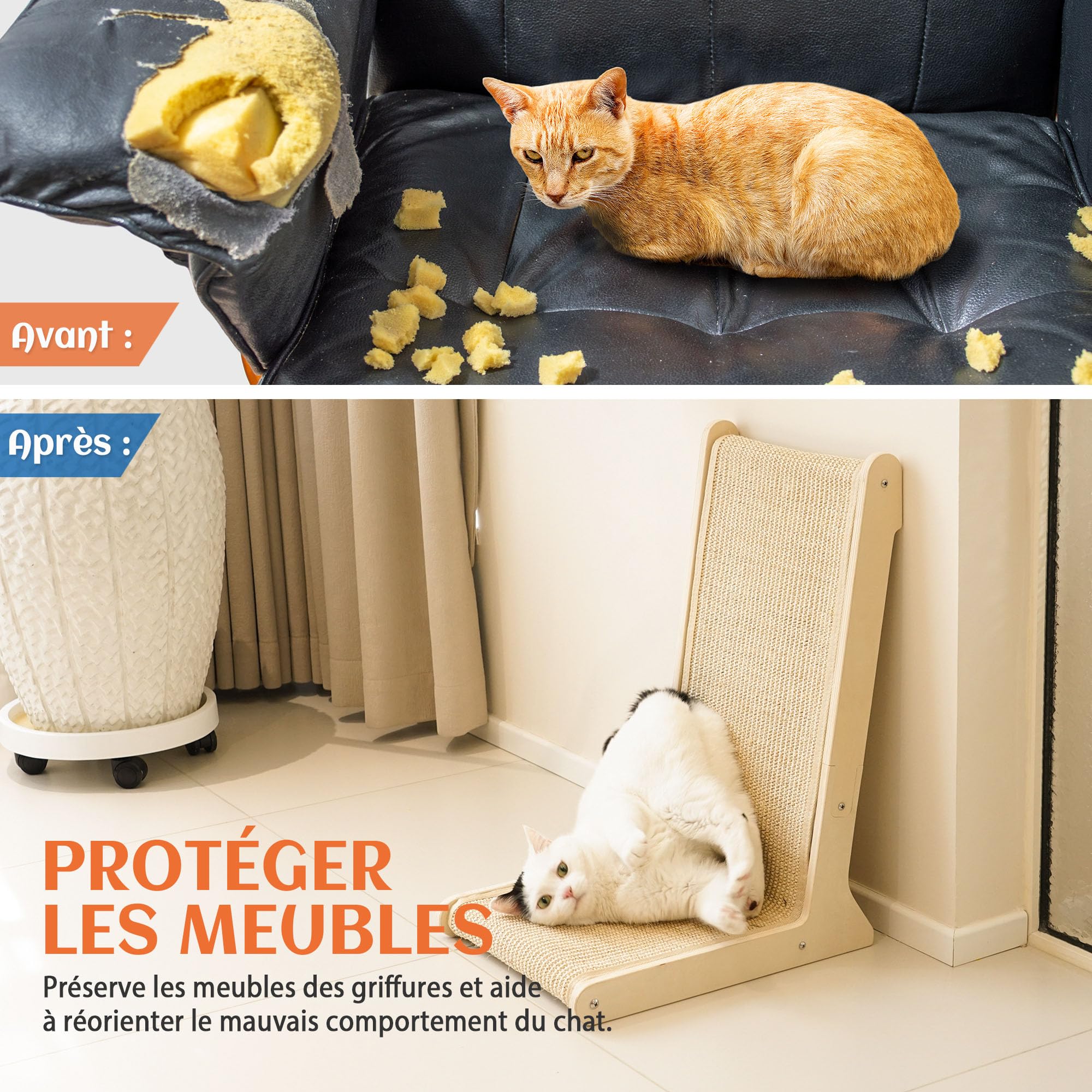 PETKARAY Griffoir Chat en sisal 105°, Forme L Robuste pour intérieur, Protection canapé et Meubles, Fixation Stable au Sol, avec Herbe à Chat Incluse