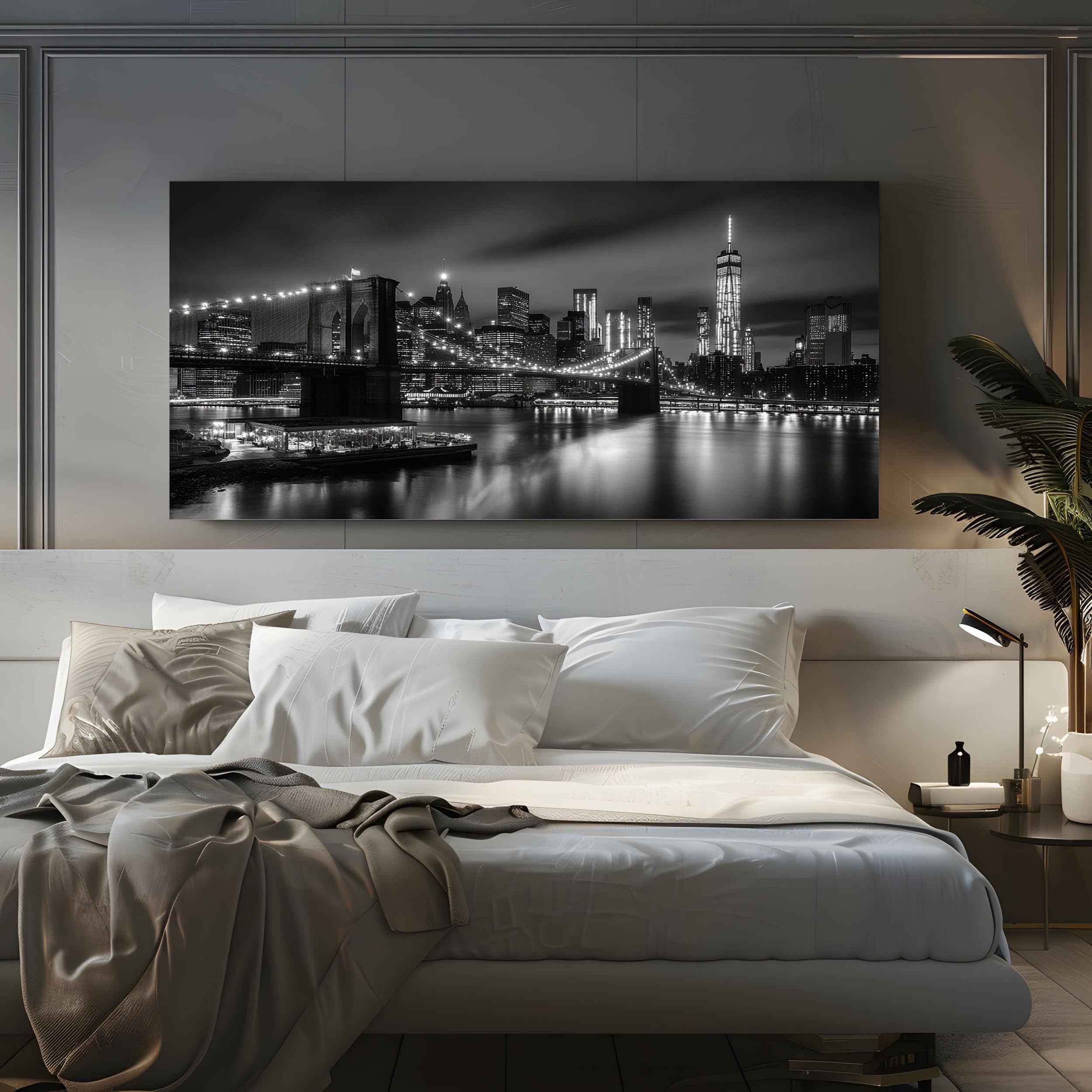 ZORYAN Quadro su Tela Paesaggio Urbano Città Senza Cornice 50x100 cm | Pittura Moderna per Salotto e Soggiorno Architettura Edificio Decorazioni da Parete Grandi Dimensioni Notte in Bianco e Nero
