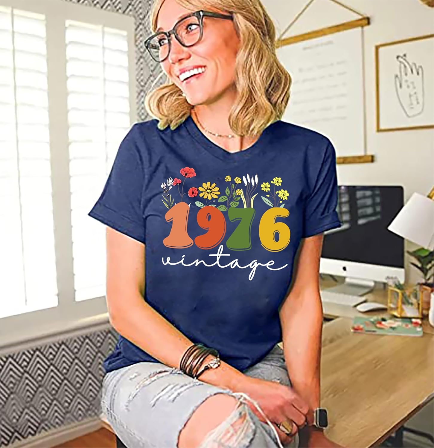 Women 50th Birthday Shirt Vintage 1976 Tshirt Fifty Bday Gift Casual Birthday Apparel Flower Graphic Short Sleeves Tee - Image 4