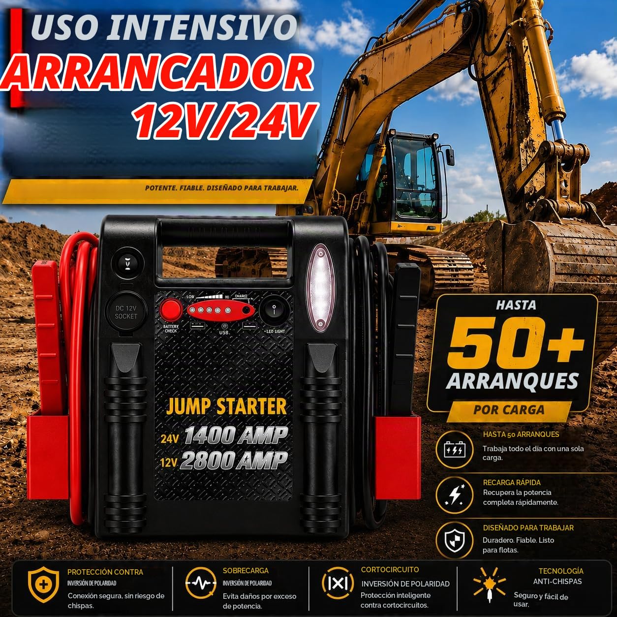 Arrancador de Batería 12V/24V 2800A/1400A, Booster de Batería de 20Ah con Batería de Plomo-Ácido, Arrancador Portátil con USB y Luz de Emergencia para Coche, Camión, SUV, Autocaravana y Barco