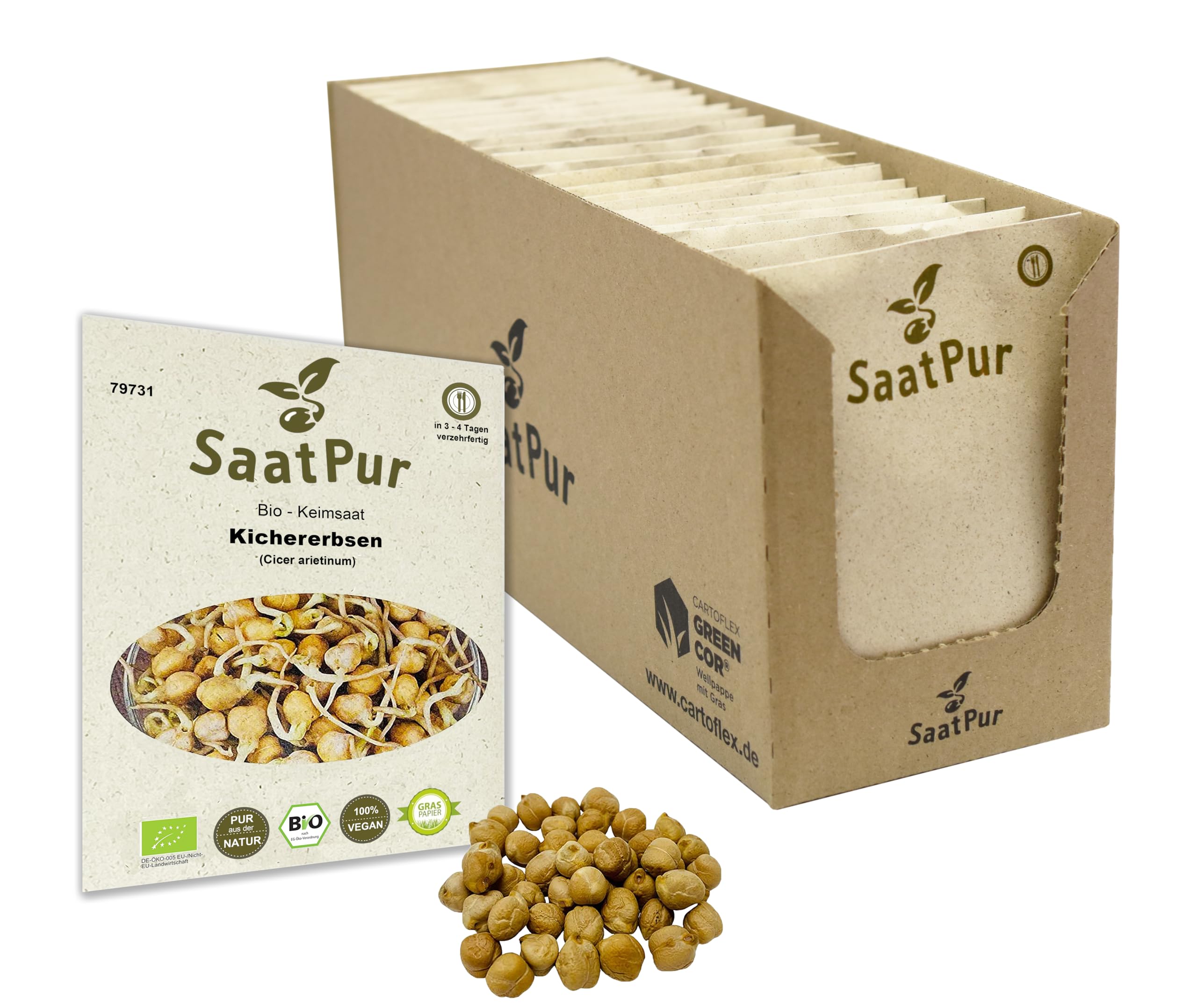 SaatPur Bio Keimsprossen - Keimsaat für Kichererbsen Sprossen - Microgreen - Großes Tray mit 20 Portionstüten je 90g