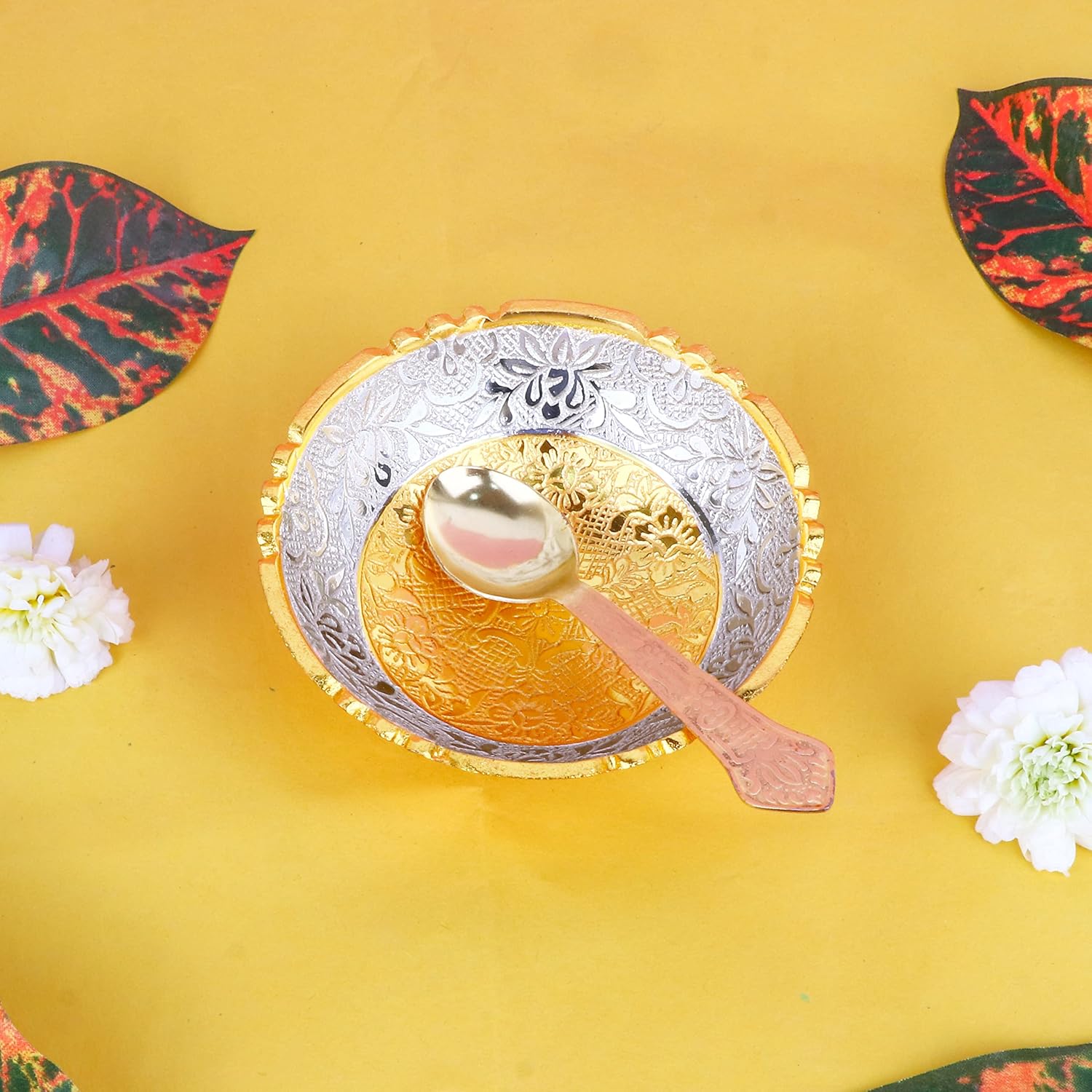SATVIK 1 Set Designer Gold Silver Plated Lotus Flower Dessert Dry Fruits Embossed Serving Bowl With Spoon Set Festive Diwali Pujan Decortive Bhog Bowl Christmas Housewarming Wedding Return Gift Items