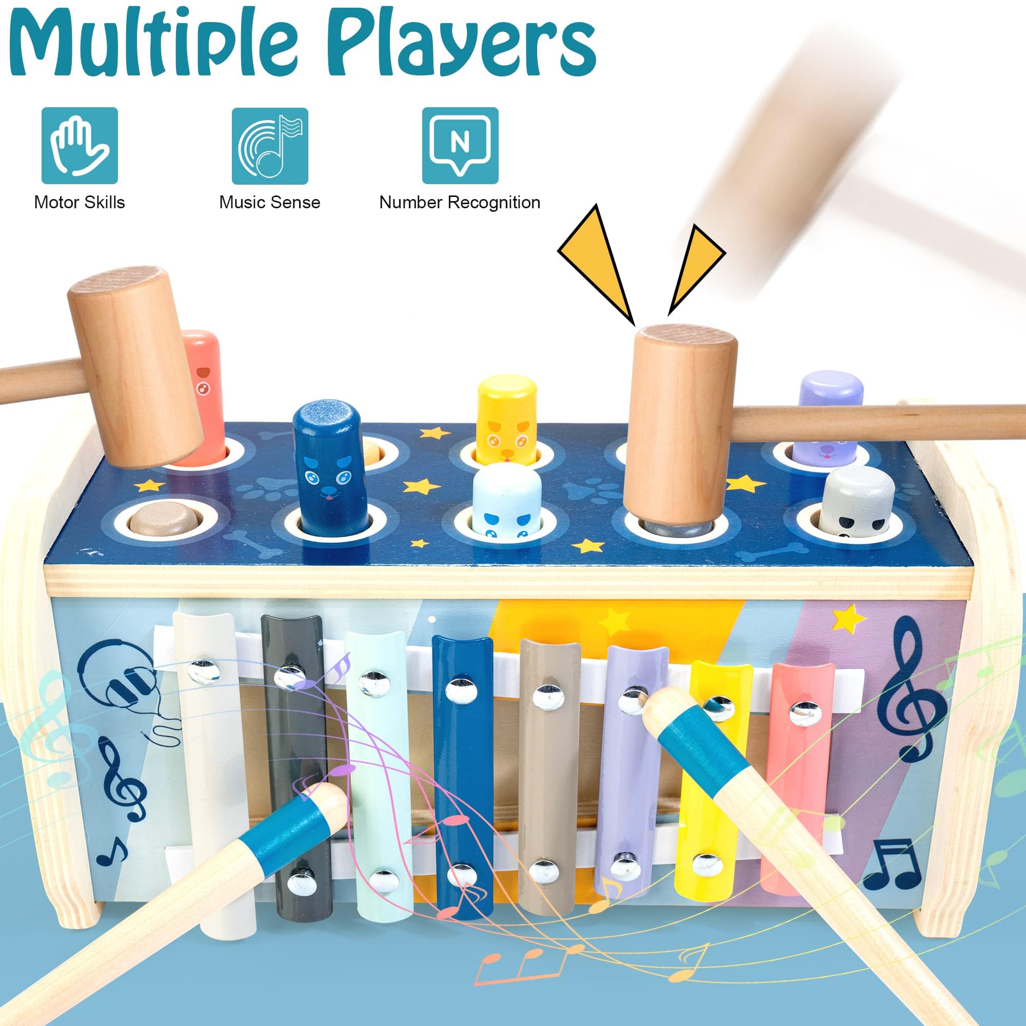 KIDWILL Montessori Jouet en Bois pour Enfants avec Marteau, Banc de Frappe, Xylophone et Labyrinthe de Tri des Chiffres