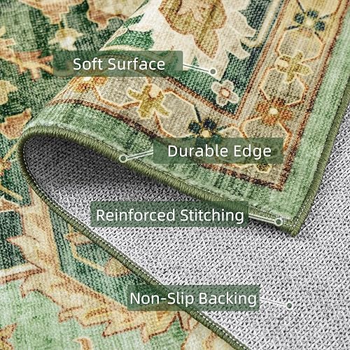Miniatura 2 de Tapete verde para pasillo de 2 x 6 pies, tapete lavable, vintage, largo y envejecido con parte trasera antideslizante de goma, para cocina y