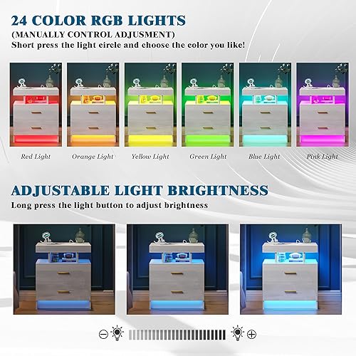 Miniatura 5 de Juego de 2 mesitas de noche LED con estación de carga inalámbrica y puertos de carga USB, luz LED de 3 colores con brillo y sensor ajustables, mesas