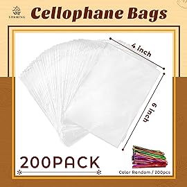 LOKIQNG Cellophane Bags Plastic Treat Bag Clear Cookie Candy Bags with Twist Ties for Party Favor Bag(200PACK, 4x6inch)