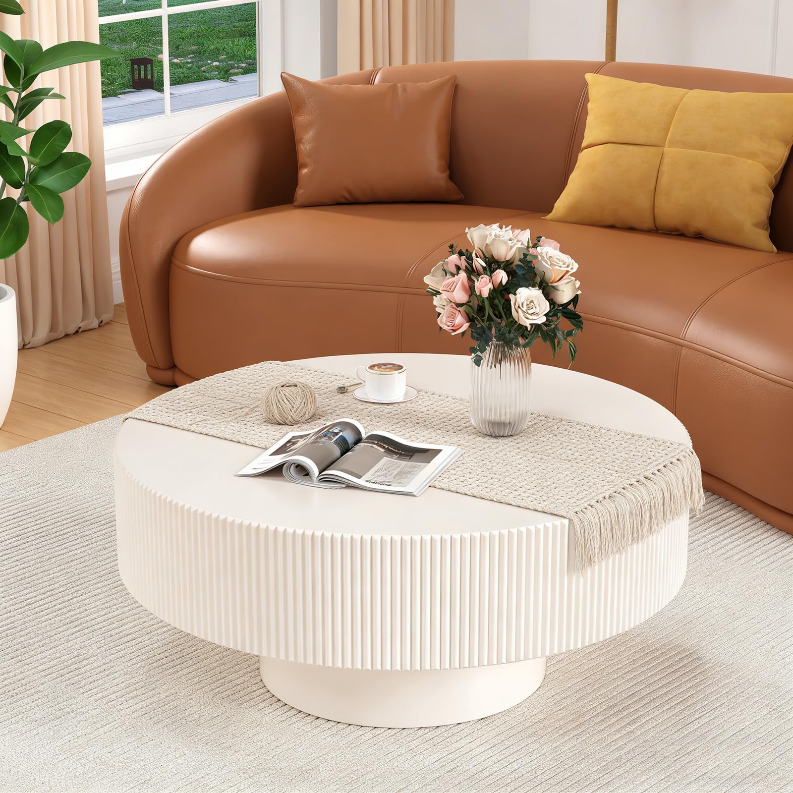 Feizhiyans Bs 30.9" Modern Round Storage Fluted Coffee Table With Sturdy Base, Wood Minimalist Handcrafted Drum Center Table For Living Room Reception Room, Easy Assemble,