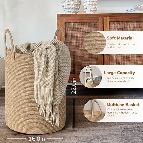 Miniatura 3 de Goodpick Cesta de lavandería tejida alta, cesta de mimbre de 72 litros para manta, ropa, toalla, cesta grande para ropa sucia para dormitorio, sala