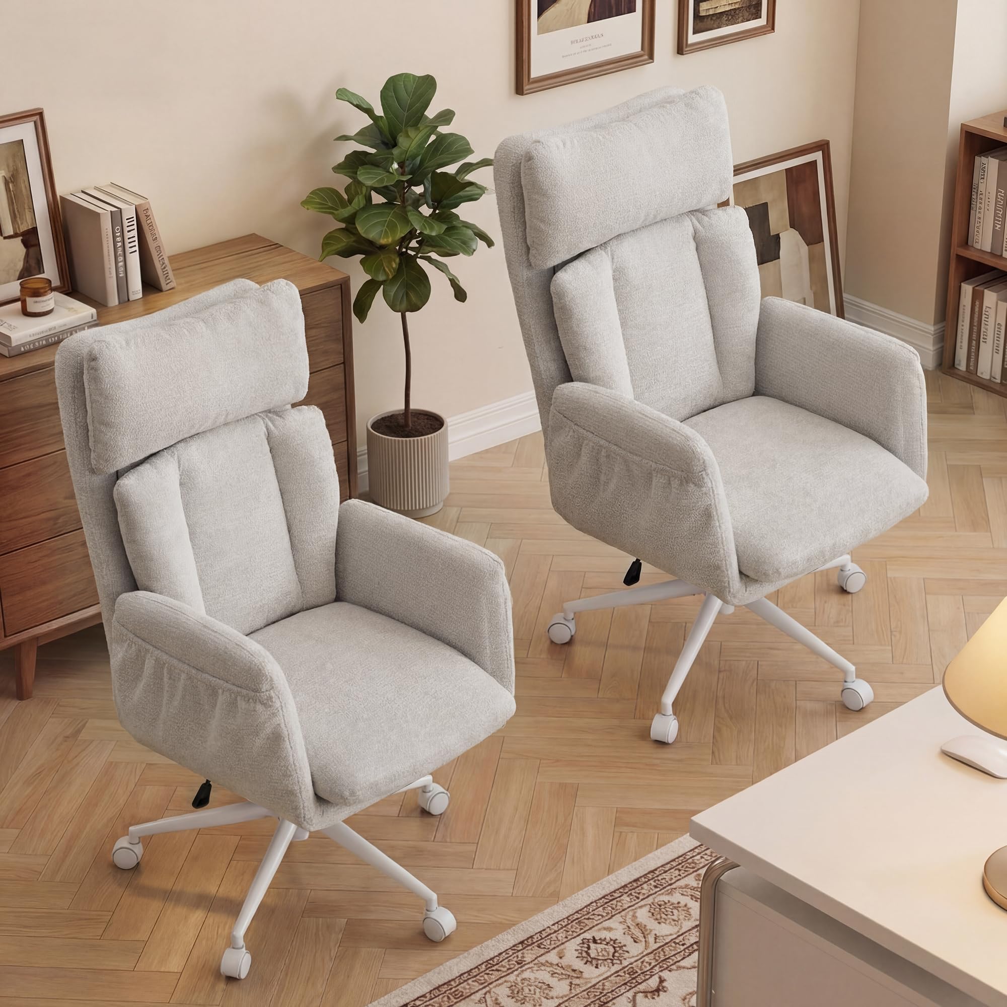 Großer Bürostuhl ergonomisch, Chefsessel mit klappbaren Armlehnen, höhenverstellbar Schneidersitz Schreibtischstuhl mit Rollen, Chenille Drehstuhl mit Verstellbarer Lendenstütze, Grau