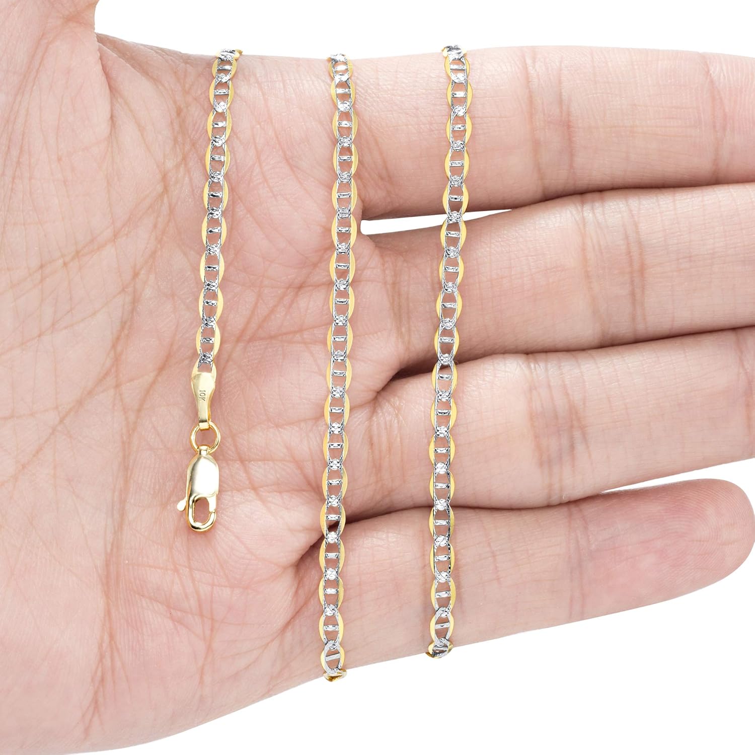 Nuragold 10k Real Yellow Gold Solid Mariner 3mm Anchor Chain Pave Diamond Cut Necklace (16"-30") Two Tone Italian Jewelry for Men & Women