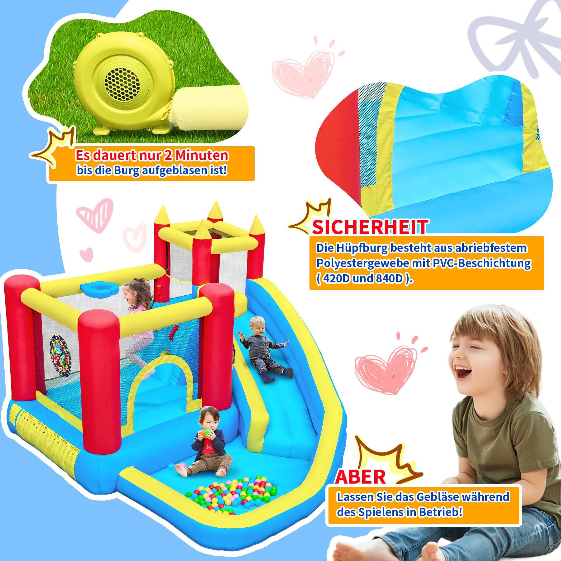 hüpfburg Kinder mit rutsche und kletterwand, hüpfburg gebläse inklusive, innen und außen hüpfmatratze für Kinder Bouncy Castle 3-10 Jahre 274 x 310 x 218 cm Outdoor hüpfburgen (Langrutsche)