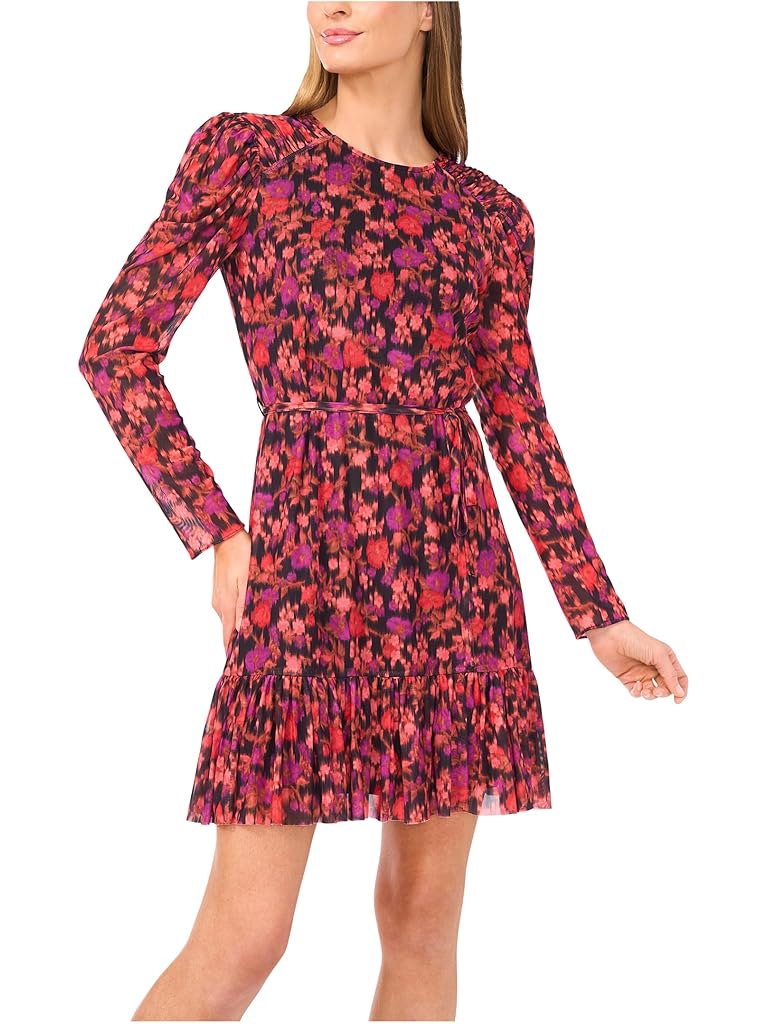 Black CeCe Shirred Long Sleeve Waist Tie Dress