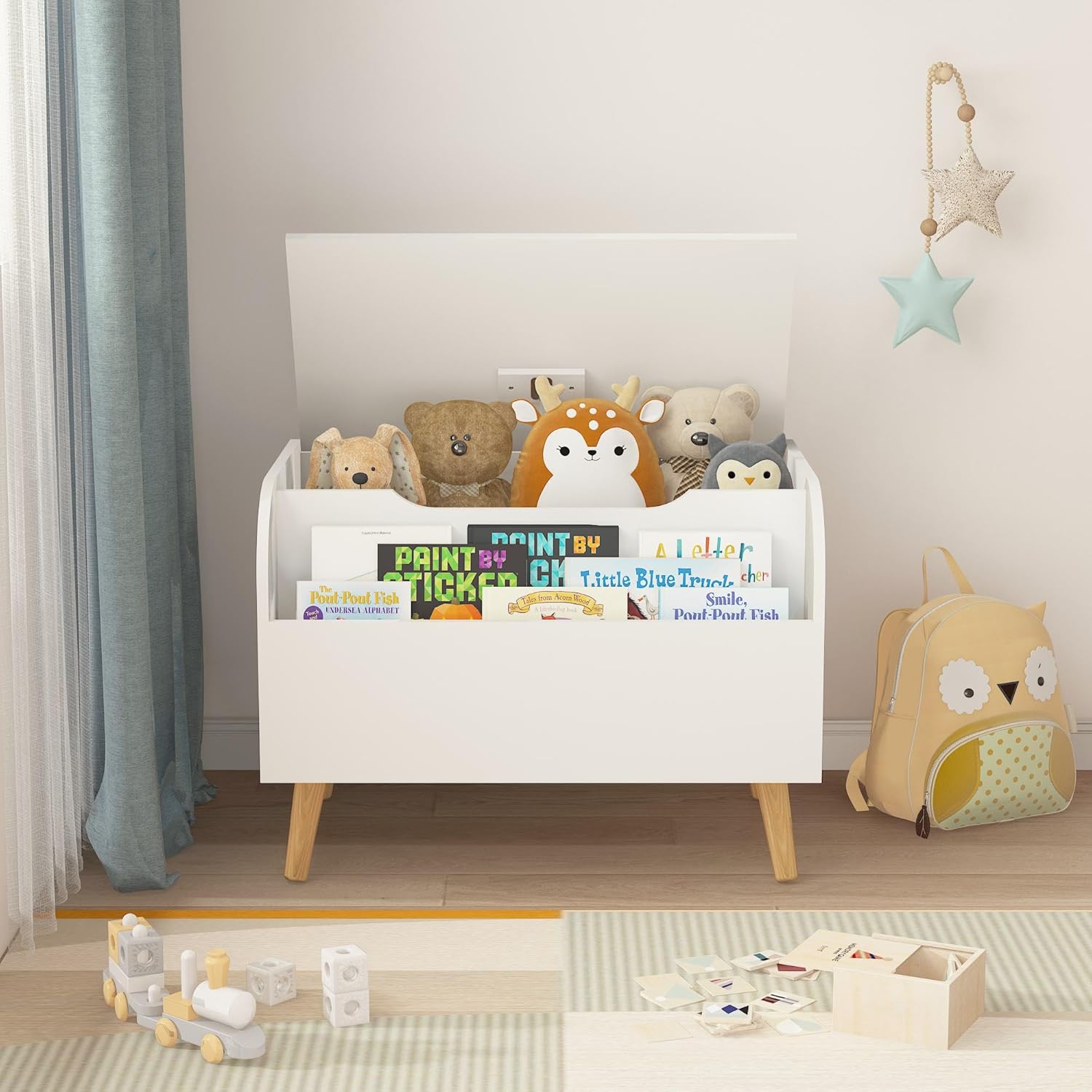 Wooden Toy Box with Front Bookshelf, Kids Toy Storage Organizer with Flip-Top Lid and Safety Hinge, Toy Chest Bench for Playroom and Kids Room, White