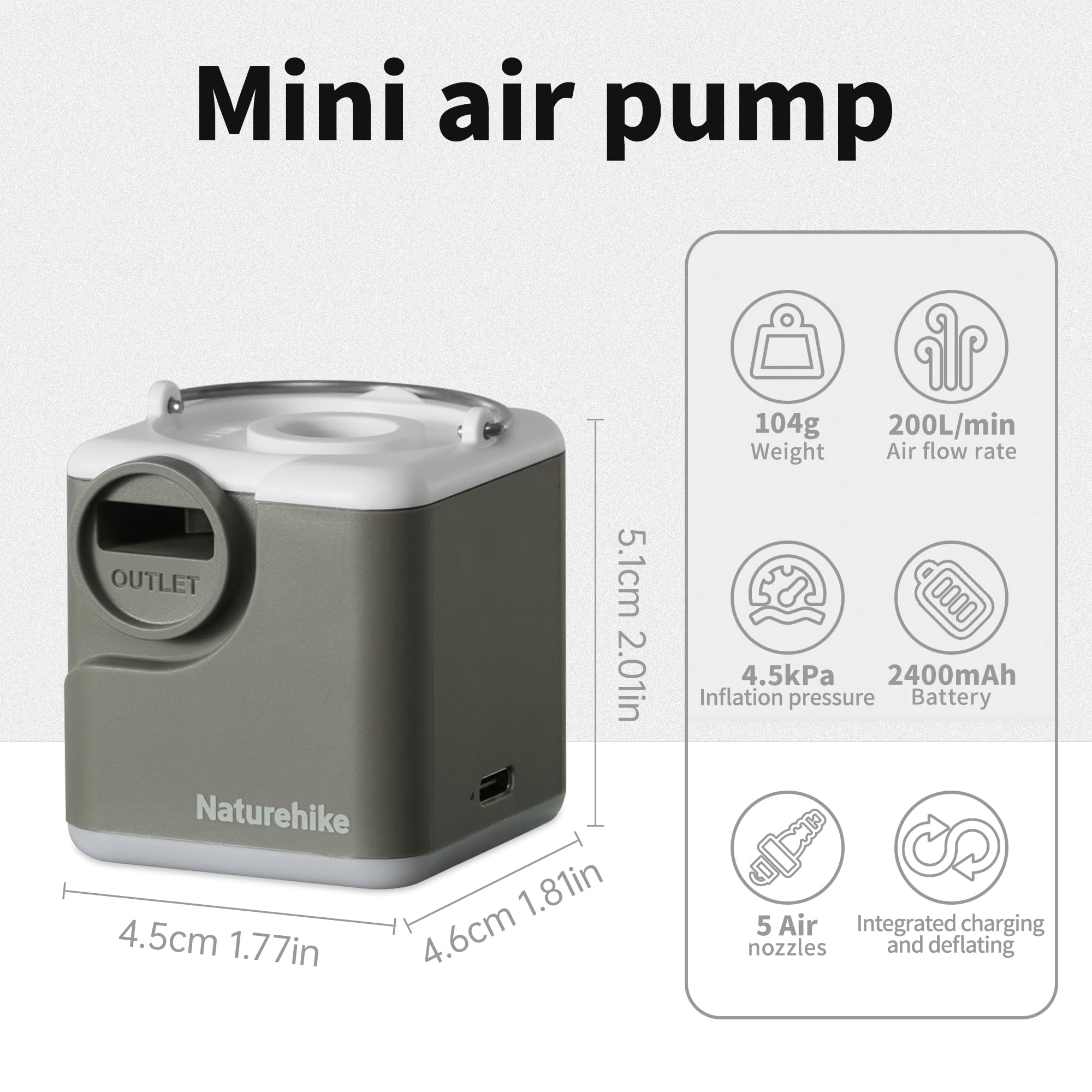 Naturehike Wind-Mini 1600 mAh Pompe à air à Batterie Rechargeable USB-C Mini Pompe à air de Camping Pompe à air électrique portative éclairée Pompe à air sur Coussin d'air avec 6 Buses d'air