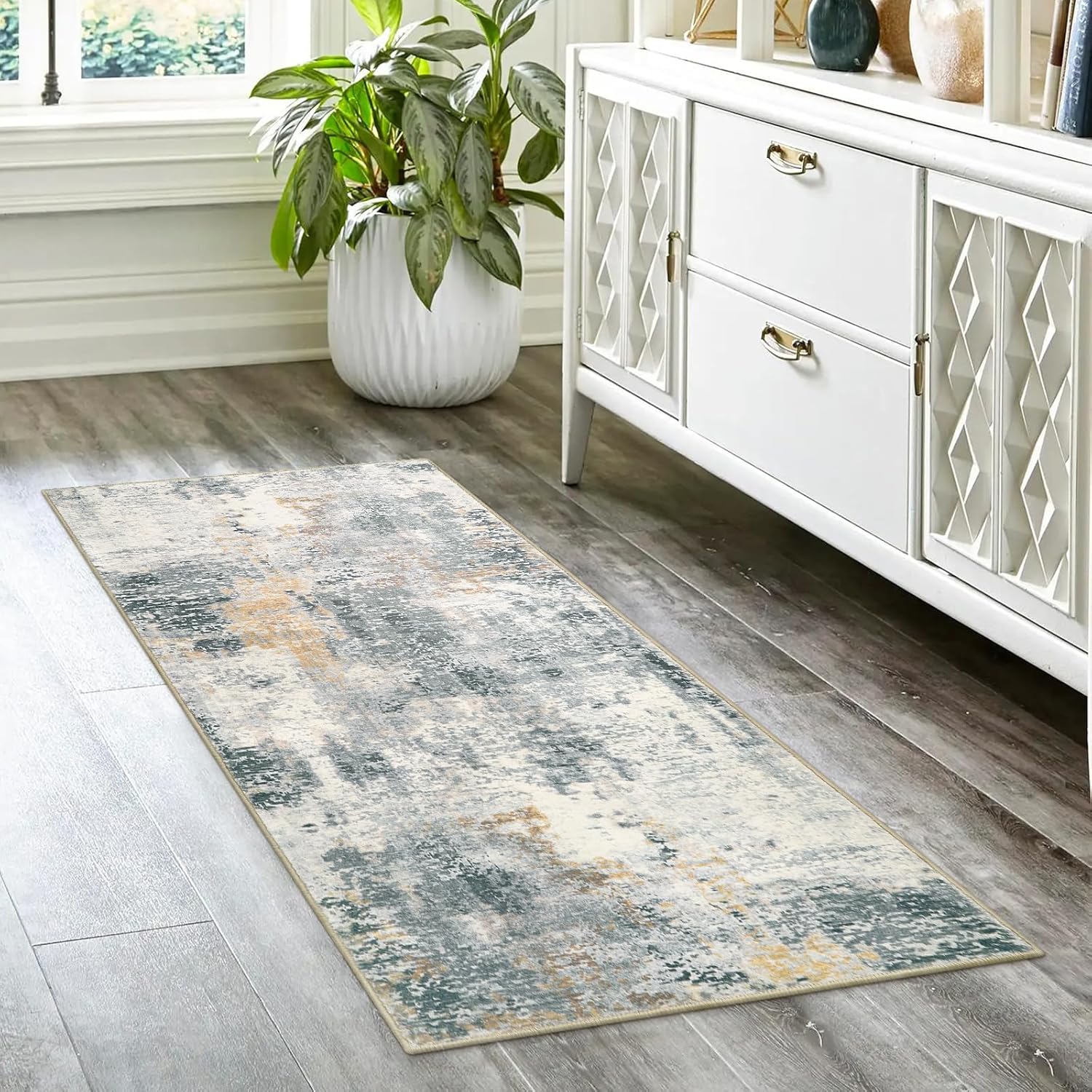 Morebes Abstract Washable Bathroom Runner Rug 2x5, Non Slip Kitchen Rug Runner Gray Modern Rugs Runners for Bedroom, Distressed Soft Carpet Runner for Hallway Entryway