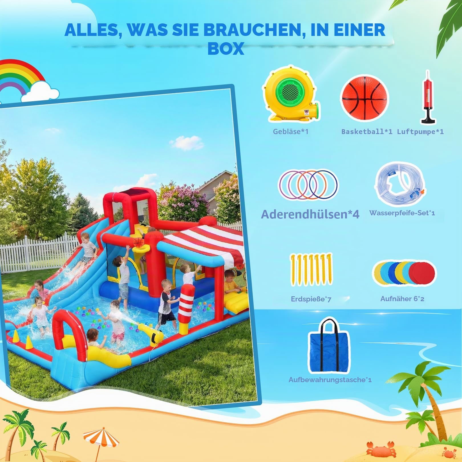 Aufblasbare Wasserrutsche 15‑in‑1 Hüpfburg Wasserpark mit Langer Rutsche & großem Pool, Snack‑Stand mit Sonnendach, Mini‑Rutsche, Sprühnebel & Wasserkanonen für Kinder, Garten Outdoor Party Geschenk