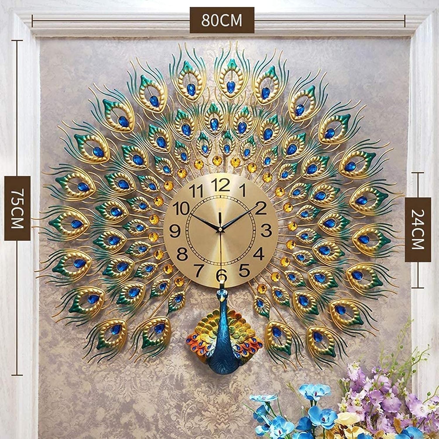 Peacock Wall Clock， 31In Outdoor Garden Wall Clock European Peacock Home Decor Wall Clock Living Room Silent Wall Clock for Home Indoor Decorative