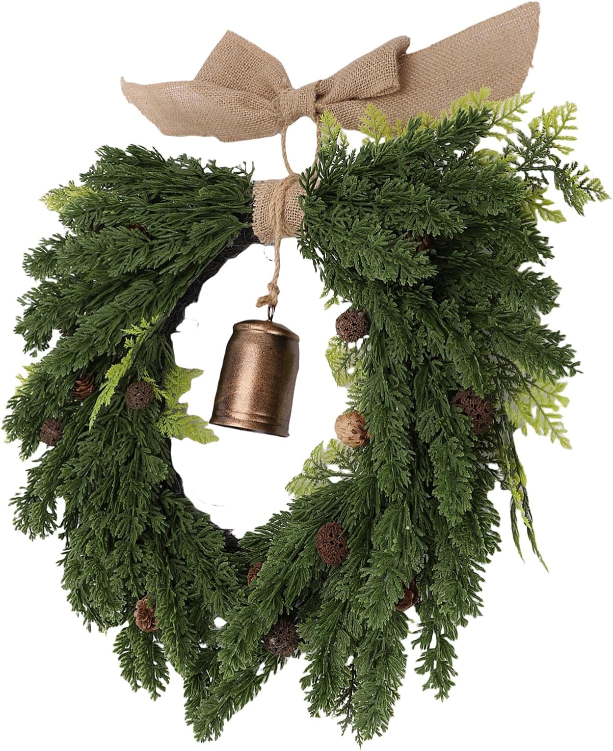 19.7 Cedar Wreath for Front Door Window Porch, Artificial Xmas Wreath with Rustic Cow Bell and Linen Ribbon, Outdoor Indoor Home Farmhouse Wall Decor Winter Christmas