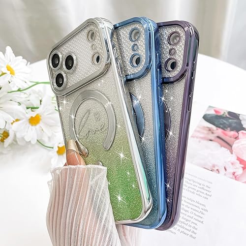 Vista 454 de Fiyart - Funda transparente magnética con purpurina para iPhone 12 para mujeres, con grabado "Love" metálico, protección para cámara y antigolpes