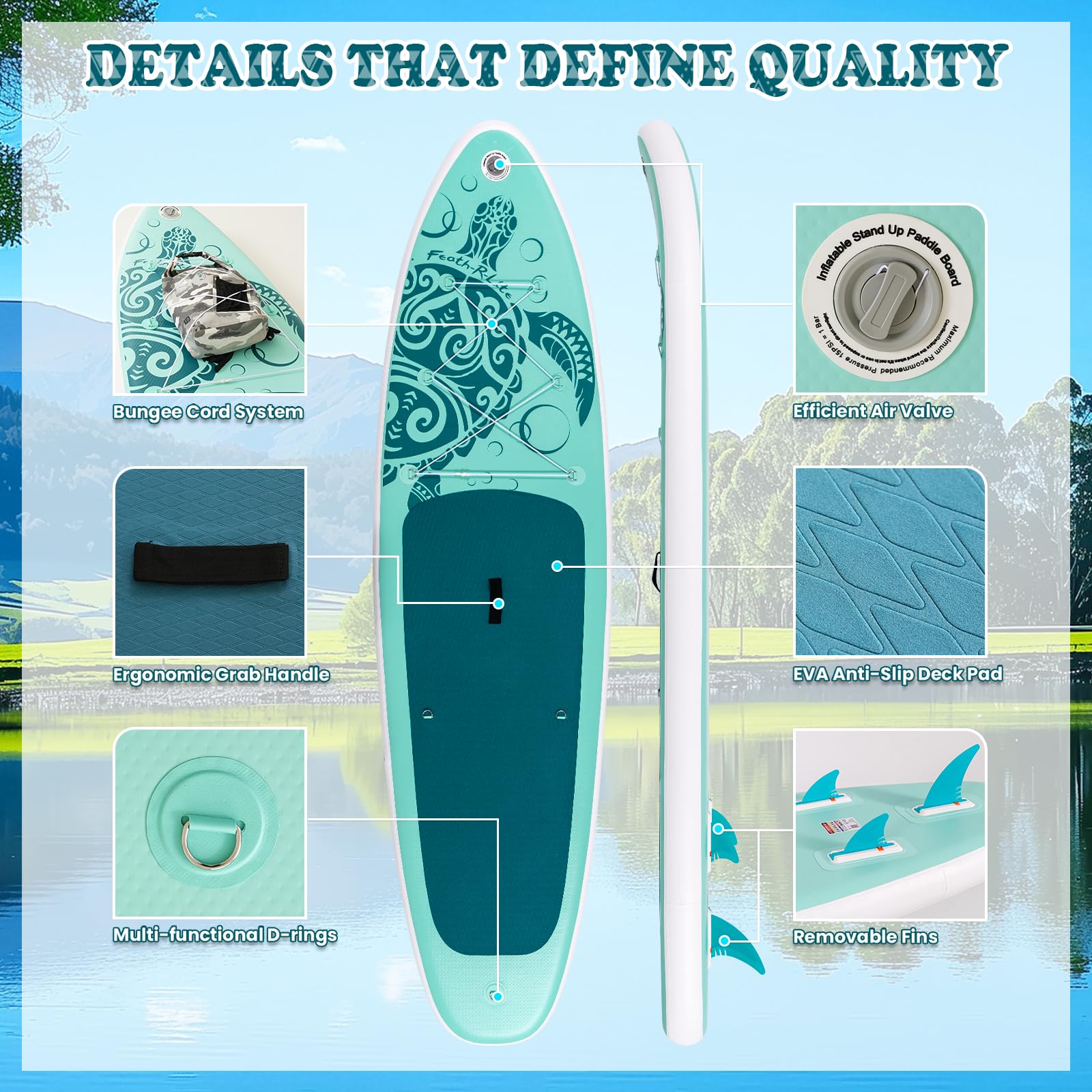 FEATH-R-LITE Tabla de Paddle Surf Hinchable Ultraligera, con Remo Ajustable, Bomba, Mochila, Leash y Aletas, para Principiantes y Avanzados