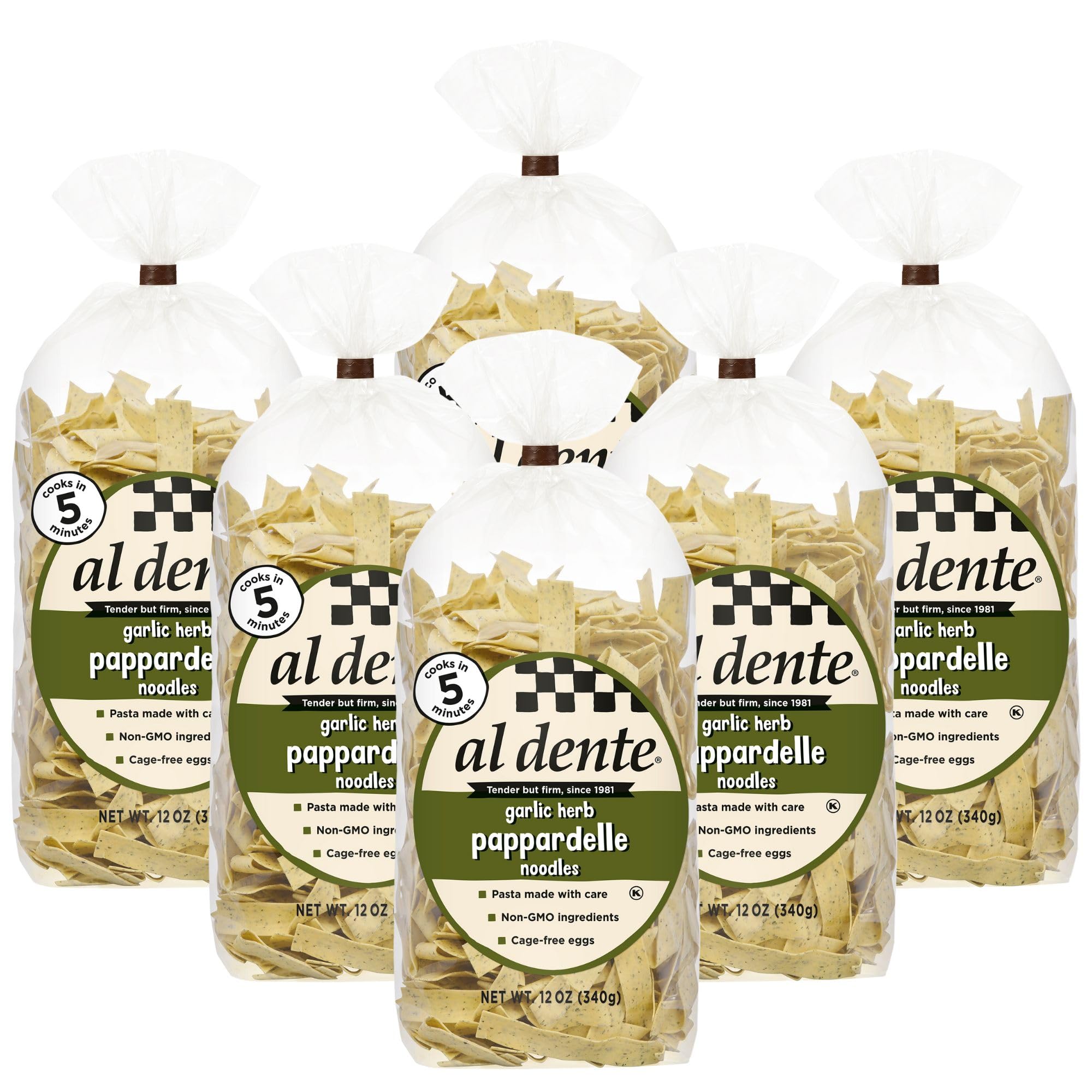 Al Dente Garlic Herb Pappardelle – All-Natural, Hand-Crafted Egg Pasta, Gourmet and Flavorful, Traditional Wide Noodles Made with Cage-Free Eggs, Semolina, Garlic, and Herbs - 12oz Bags (Pack of 6)