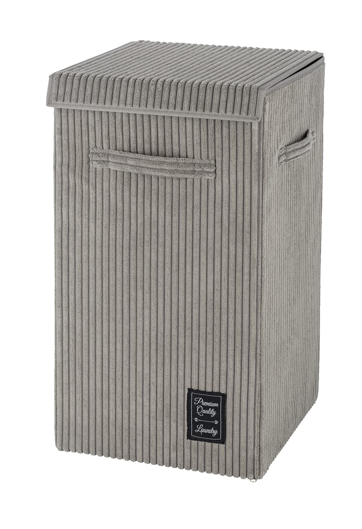 WENKO Wäschesammler Cora Grau, moderner Wäschekorb aus Flauschigen Cord, mit Klettverschluss-Deckel und 3 Tragegriffen, 63 Liter Fassungsvermögen, 33 x 58 x 33 cm, 100% Polyester