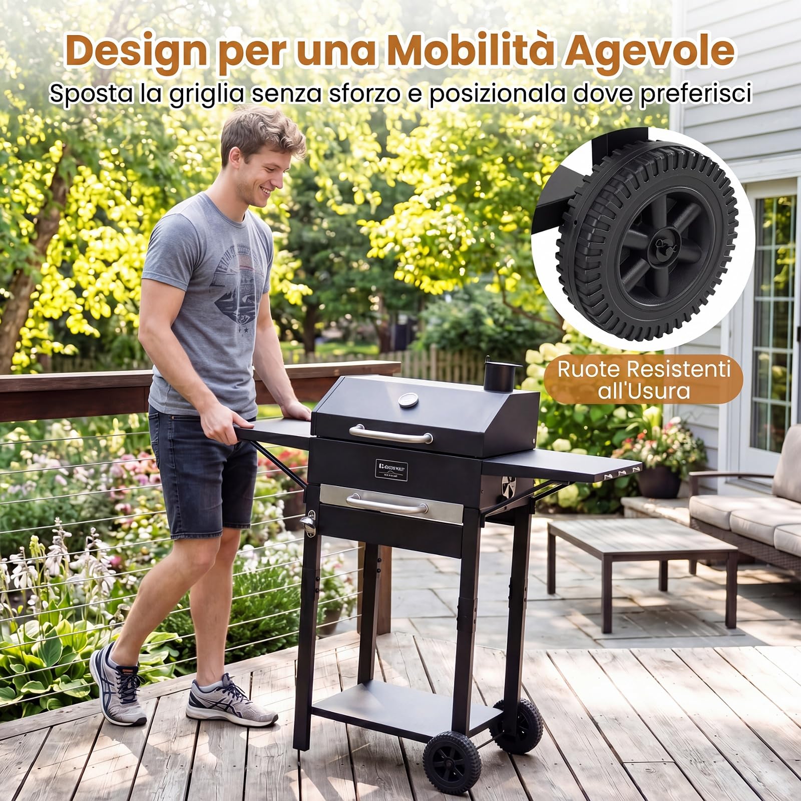 COSTWAY Barbecue a Carbonella con Tavolini Laterali, Forno BBQ con Griglia di Cottura, Termometro e 2 Ruote, Barbecue con Coperchio e Ripiano Aperto per Campeggio e Picnic, 110 x 43 x 105 cm