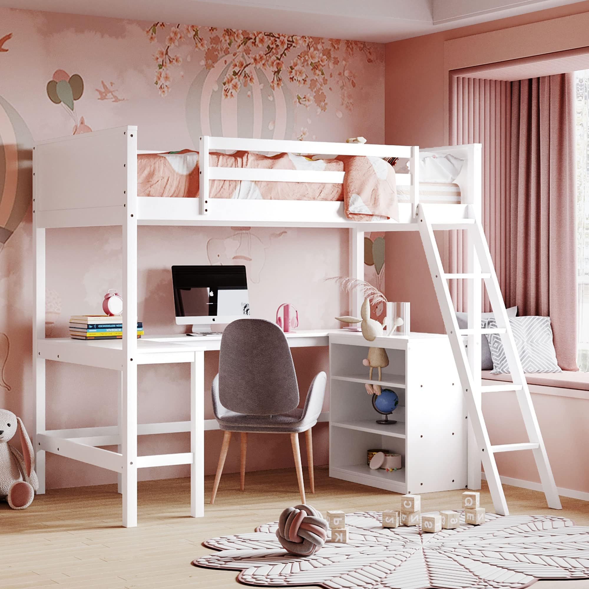 Ball & Cast Loft Bed Twin Size with U-Shaped Desk,Wooden Twin Loft Bed Frame with Storage Shelves, Ladders and Safety Guardrail, Space Saving, No Box Spring Needed,White