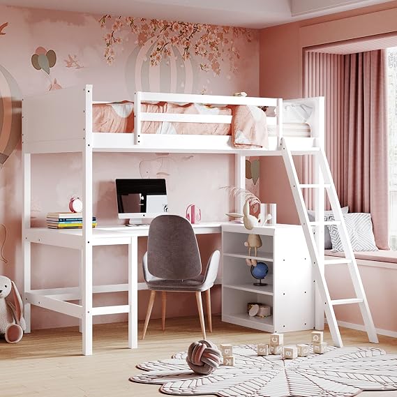 Bellemave Twin Loft Bed with Desk and Storage Shelves, Wood Loft Bed with Bookcase, Loft Beds Frame for Kids, Boys, Girls Teens, Noise Free, No Box Spring Needed, White