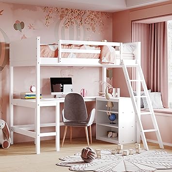 ModernLuxe Twin Size Loft Bed with Shelves and Desk, Wooden Loft Bed with Desk - White