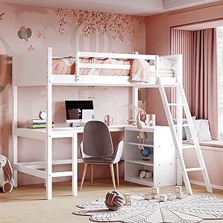 Harper & Bright Designs Twin Loft Bed with Desk and Storage, Wood Loft Bed Frame with Drawers and Shelves, for Kids Teens Adults - White