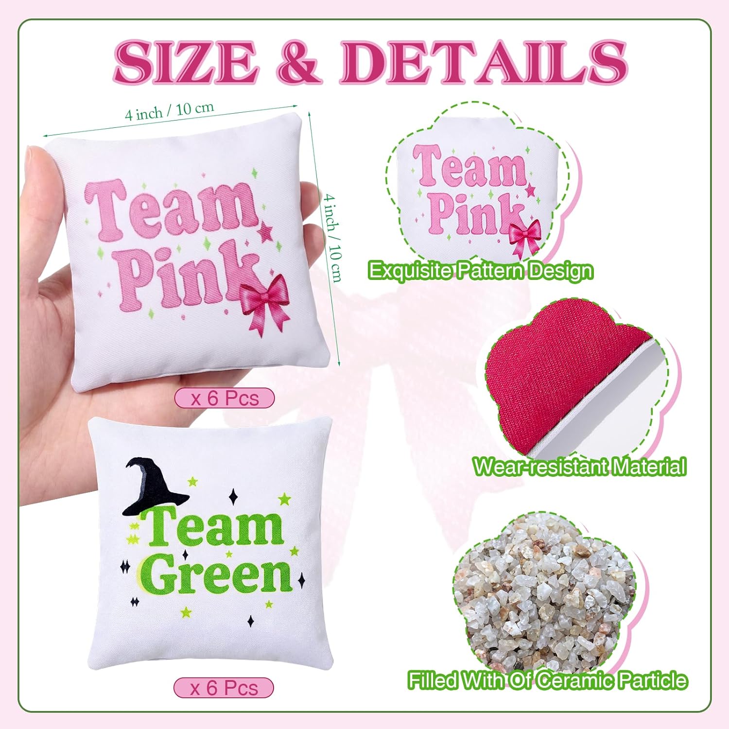 Soulchen 12 Pack Witch Bean Bags for Tossing Game Corn Hole Team Pink and Green Game Bag for Wizard Themed Birthday Party Decorations Outdoor Indoor Holiday Family Yard Hand Throwing Supplies