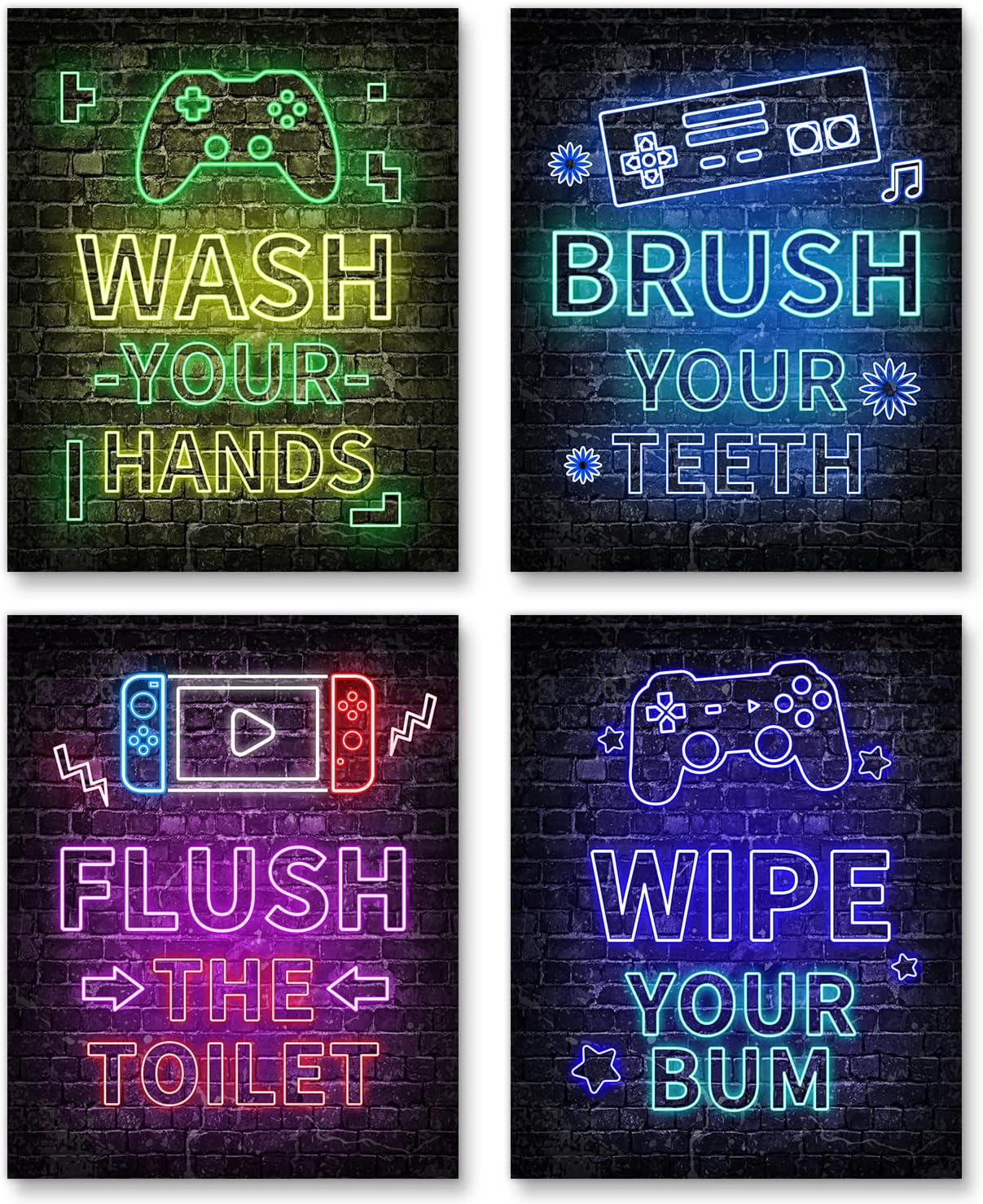 Neon Video Game Decor Set of 4(8"x10"), Boys Room Decorations for bathroom, funny words Gaming Wall Art for Kids Boy lavatory Decor, gamer wall art, Teen boy bathroom, No Frames（4pack）