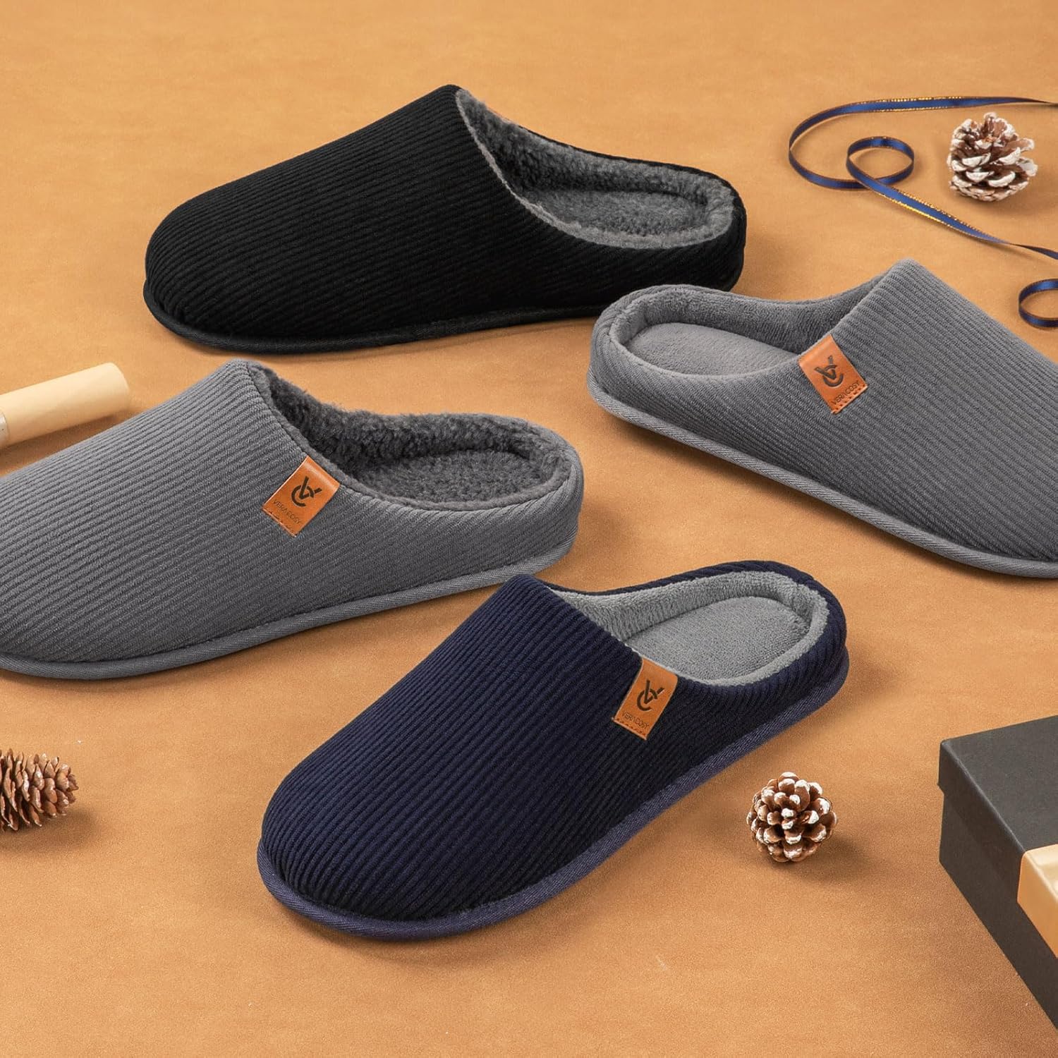VeraCosy Men's Cozy Slip-on Slippers Corduroy Memory Foam Indoor House Shoes - Image 3