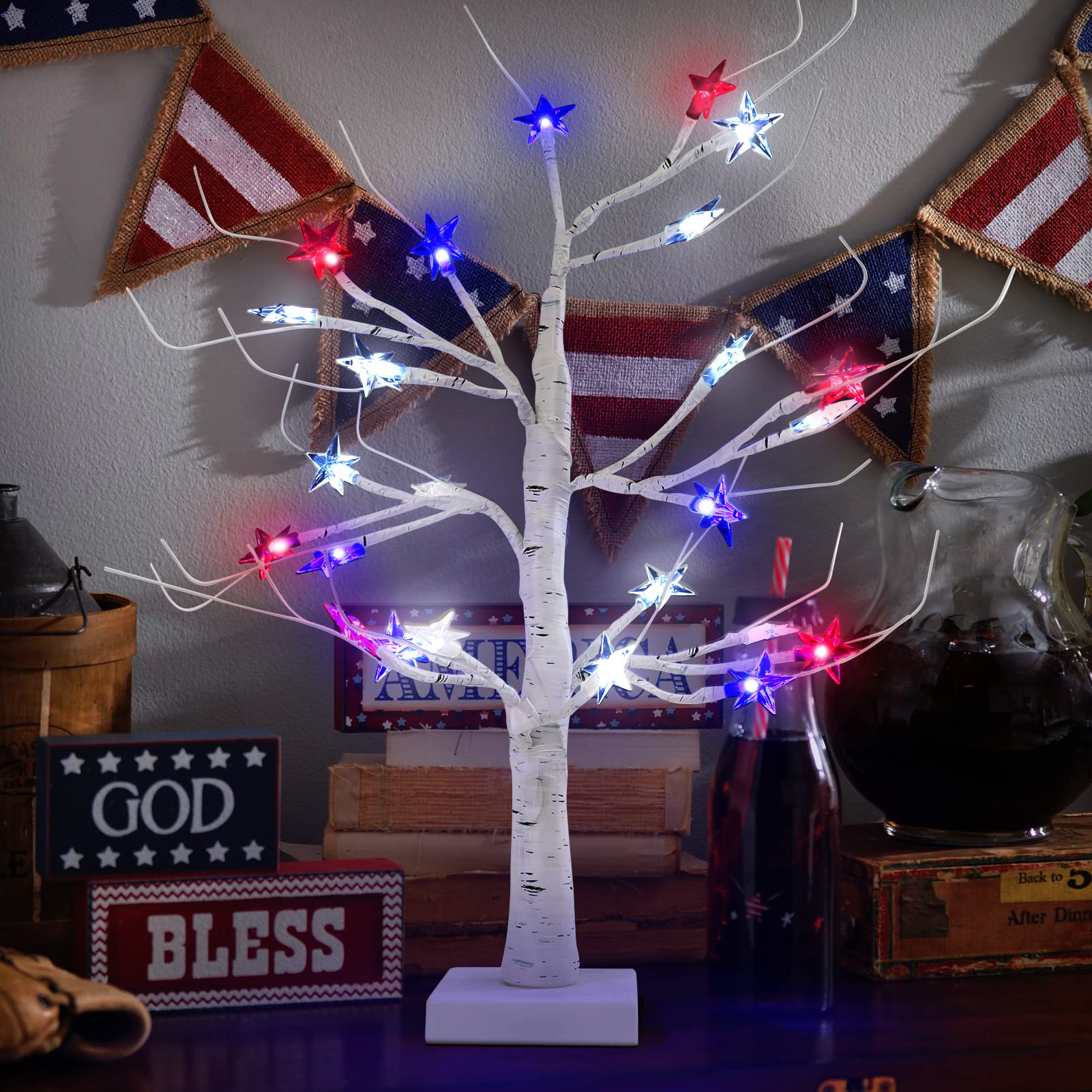 4th of July Decorations Patriotic Tree Red White and Blue Lights Lighted Tabletop Lit Tree for The Home Fourth of July Memorial Day Home Decor