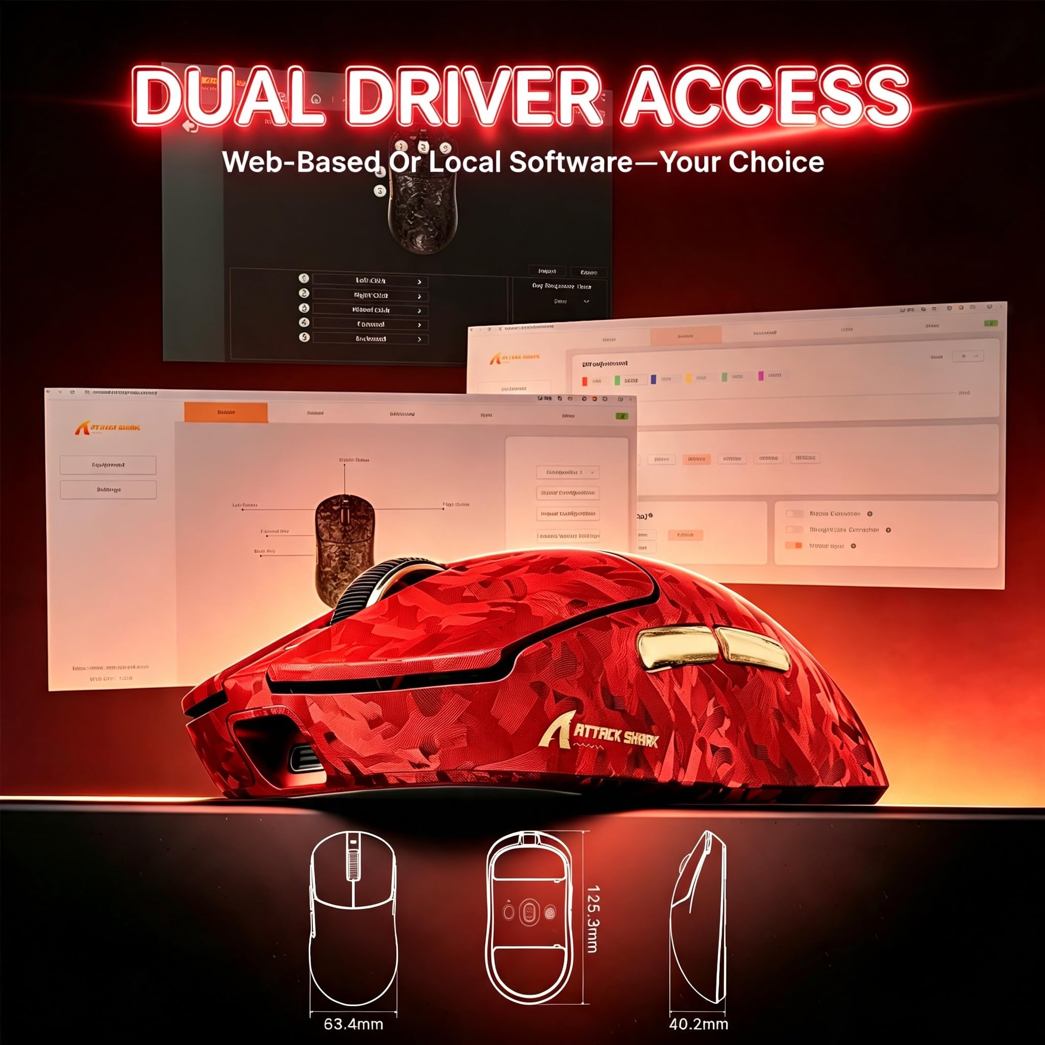 MAMBASNAKE ATTACK SHARK RS3 ULTRA Mouse Gaming Wireless In Fibra Di Carbonio, MCU Nordic 54L15, Sensore PAW3955MAX, Fino A 52000 DPI, Dual 8000Hz, 66g Ultra Leggero, Dongle Shark-Fin,for PC/MAC, Rosso