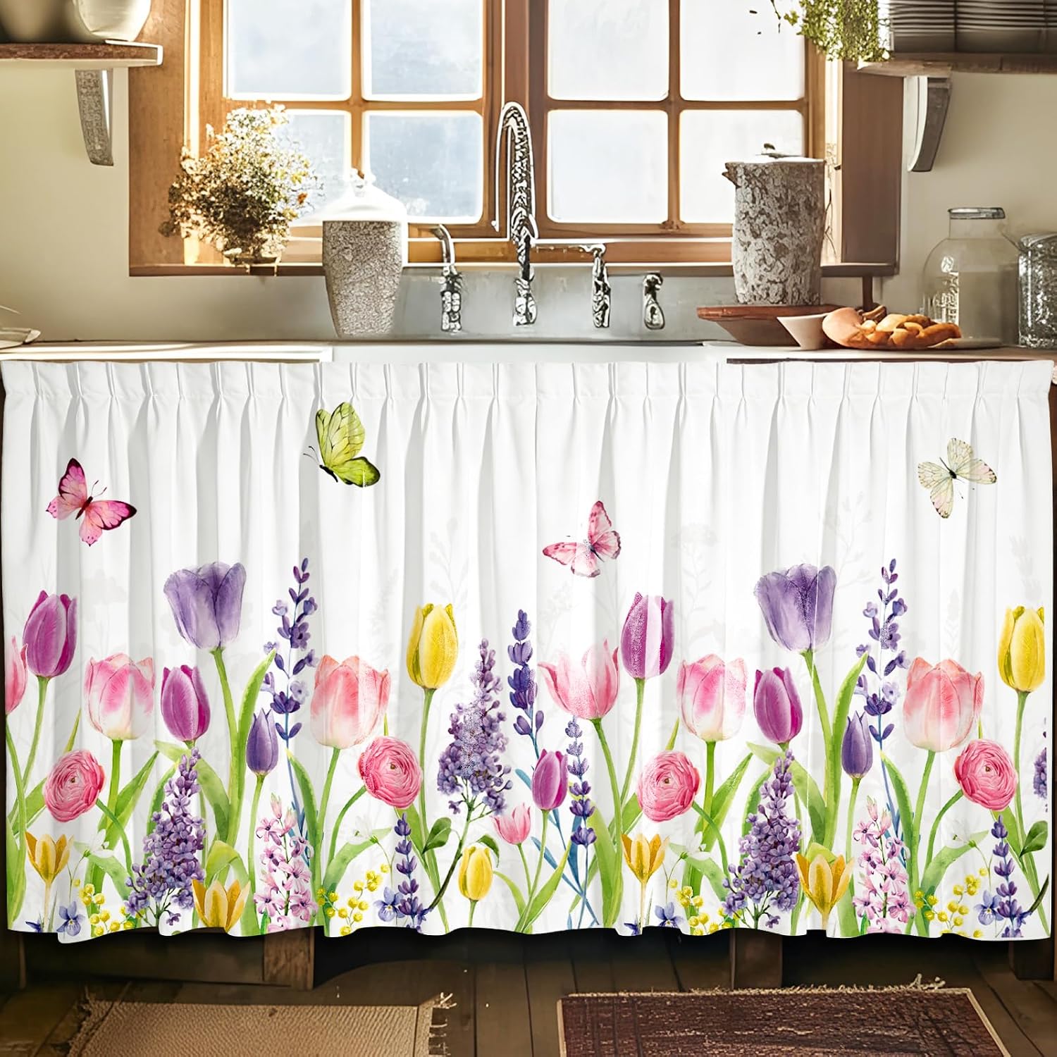 Whaline Cabinet Curtains 28" W x 51" L Sink Skirt for Bathroom Kitchen Tulip Floral Flying Butterflies Rustic Drape Under Desk Privacy Drape for Spring Laundry Room Farmhouse Classroom Party