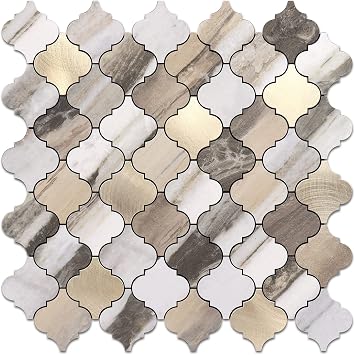 STICKGOO Arabesque Peel and Stick Backsplash Tile, Stick on Backsplash for Kitchen and Bathroom, Gold Wood Grain Marble Look PVC Mixed Metal Aluminum Mosaic Tiles10 Sheets