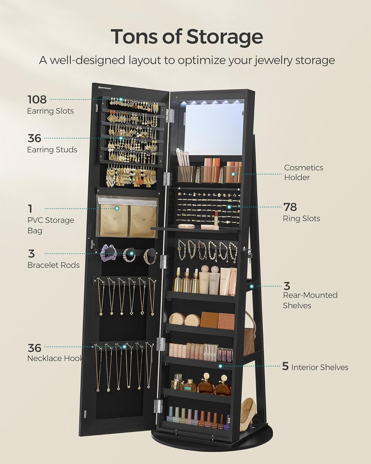 SONGMICS LED Jewelry Cabinet Standing, Lockable Armoire With Full-Length Mirror and Adjustable Lights, Space-Saving Organizer, Gift Idea, Ink Black UJJC008B01 - Image 8