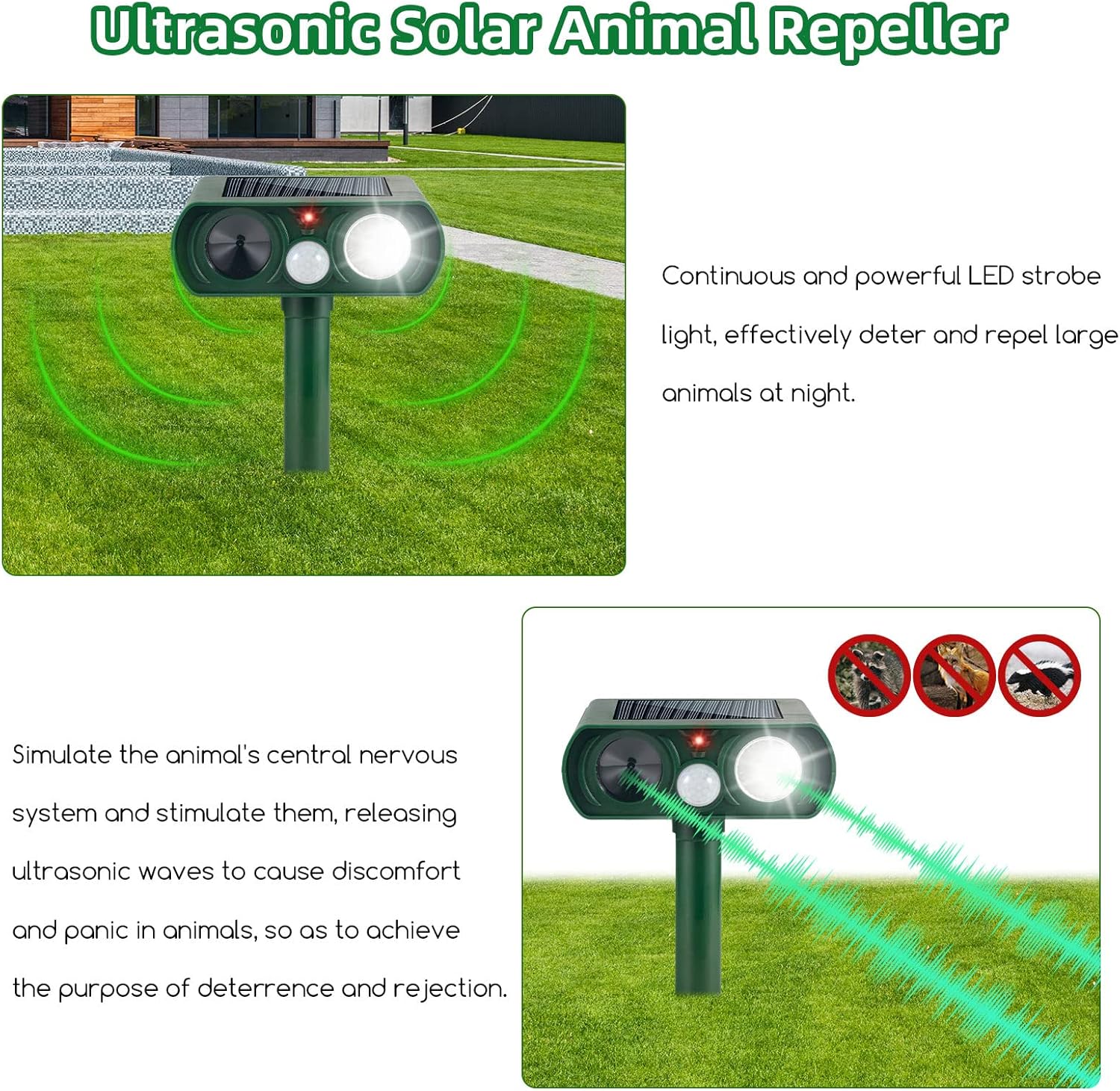 2Pack Ultrasonic Solar Animal Repellent Outdoor,Deer Repellent Devices Cat Deterrent with Motion Detection Strobe Light,Waterproof Repeller for Squirrel Mouse Raccoon Dog Rabbit,Garden Yard Protection