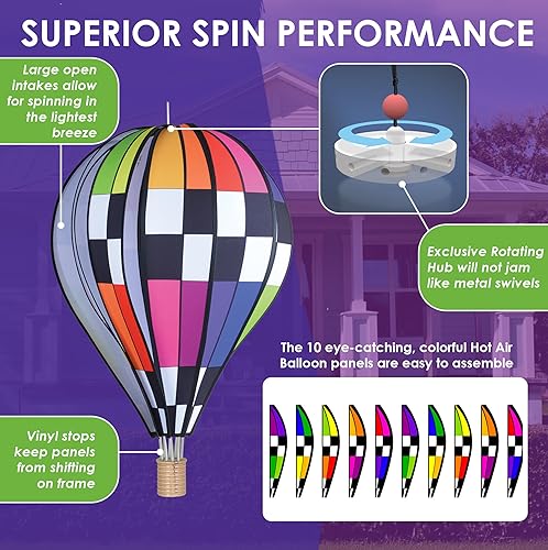 Miniatura 4 de Globo aerostático colgante de jardín giratorio de 26 pulgadas – Diseño de arcoíris a cuadros vibrante, decoración al aire libre resistente a la