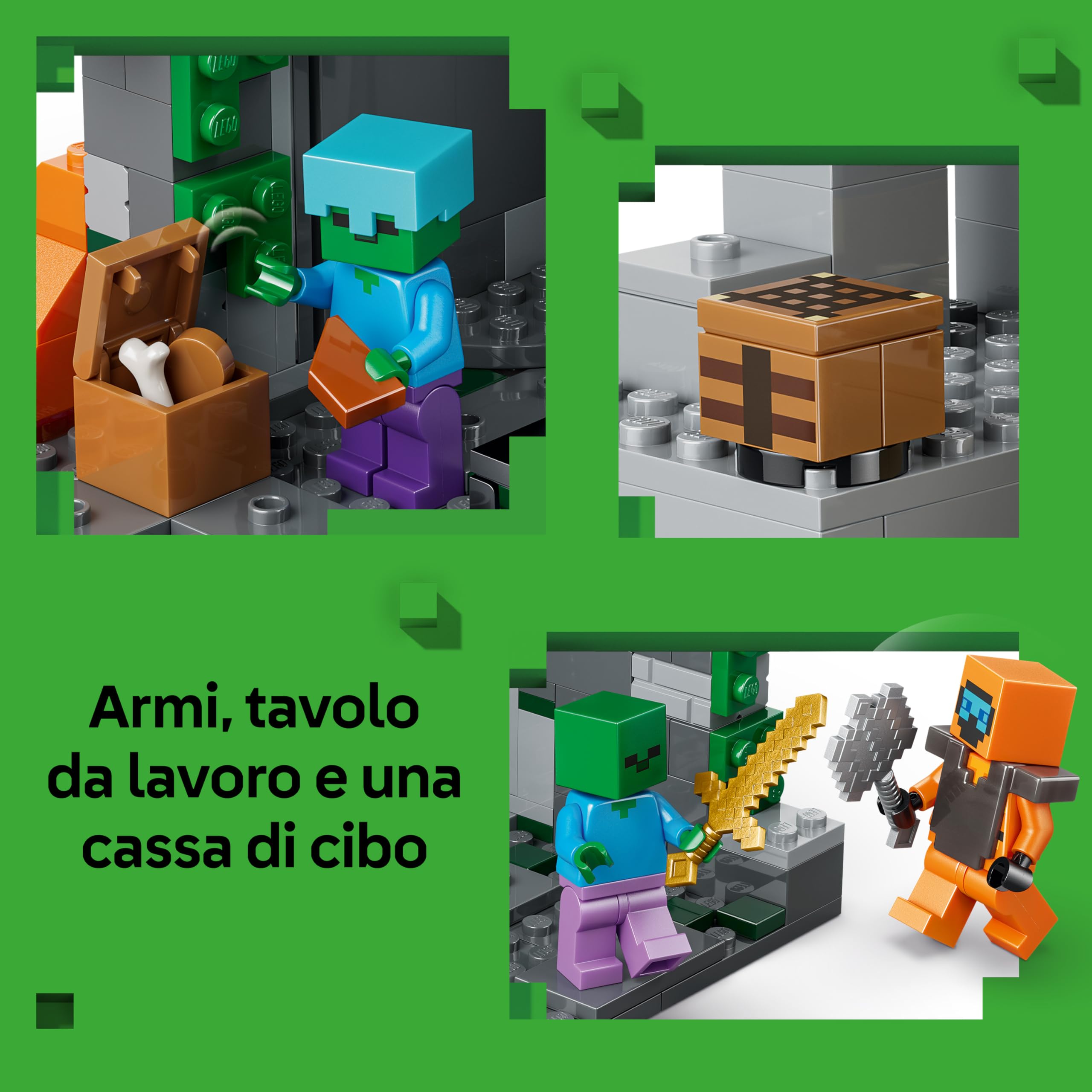 LEGO Minecraft Zombie Dungeon - Giocattolo Interattivo con Minifigure di Viandante, 3 Figure Zombie, Slime e un Tavolo da Crafting - Regalo per Gamer, Bambini e Bambine da 8 Anni in su - 21587