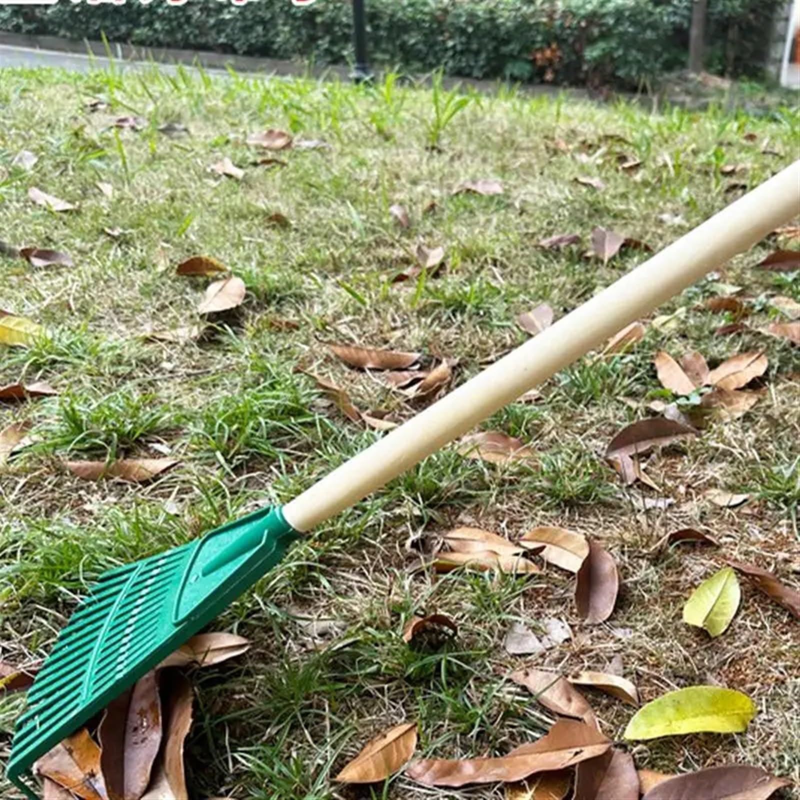KADAX Hark van metaal, platte hark met steel van hout, bladbezem voor tuin, bloembed, bladbreken, gazonhark, groen, tuingereedschap, hooikoork