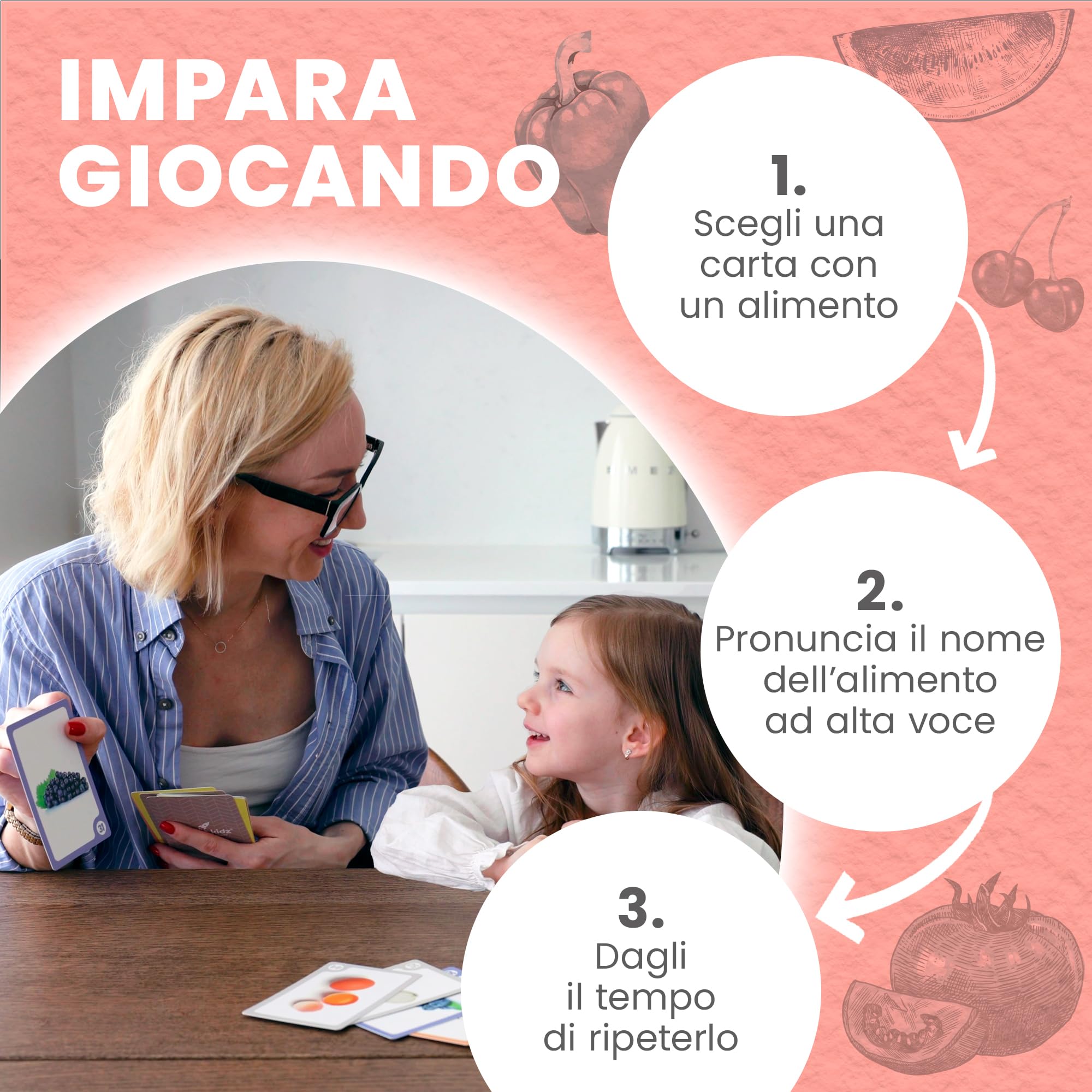 Carte prime parole Cibo - 50 Flash Cards Montessori sui Cibi Sani per la Stimolazione Precoce del linguaggio nei bambini. Carte linguaggio in 7 Lingue. Metodi Montessori e Doman