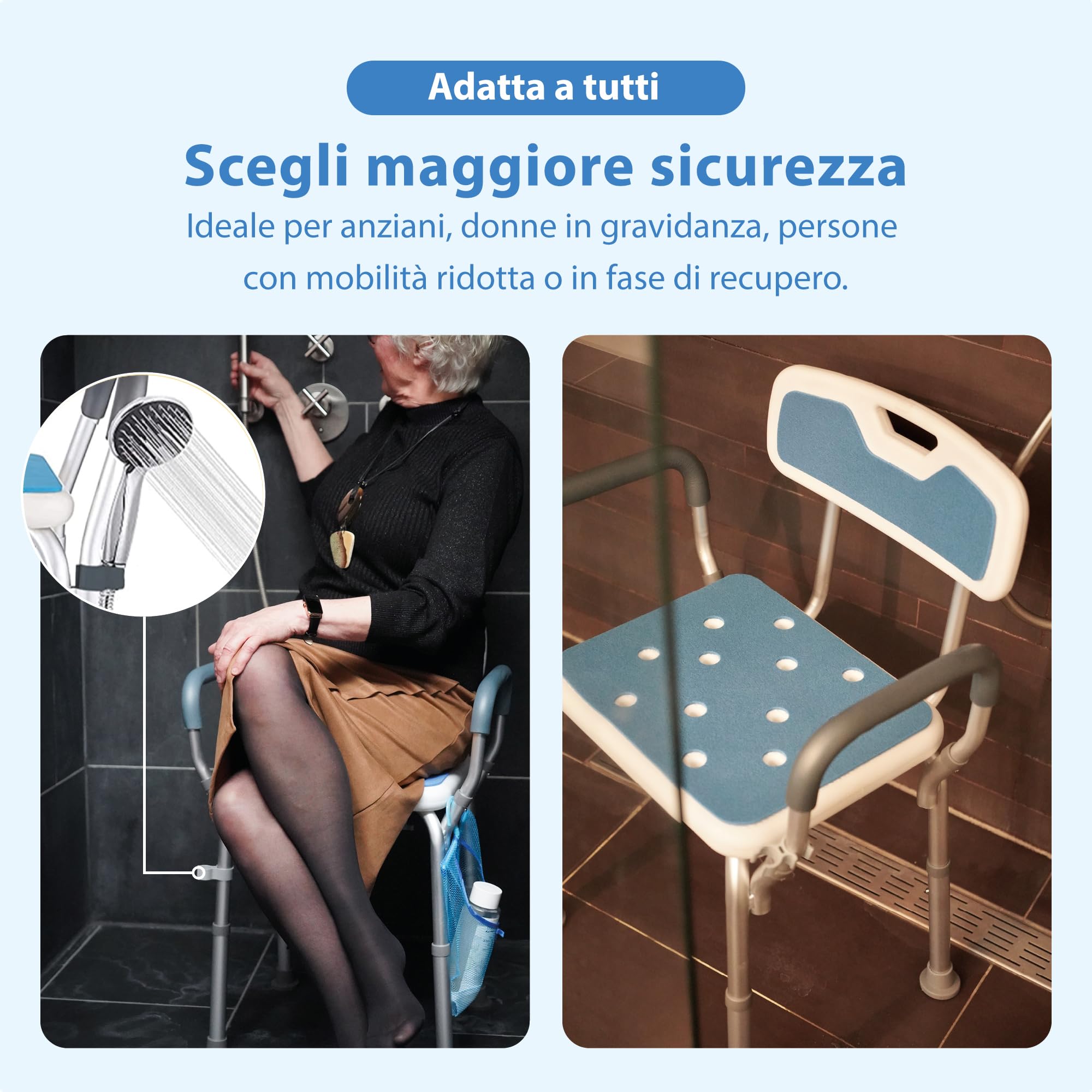 Safe Age Sedia per Doccia per Anziani - Sgabello Doccia Antiscivolo con Schienale e Braccioli Rimovibili, Regolabile in Altezza e Facile da Montare