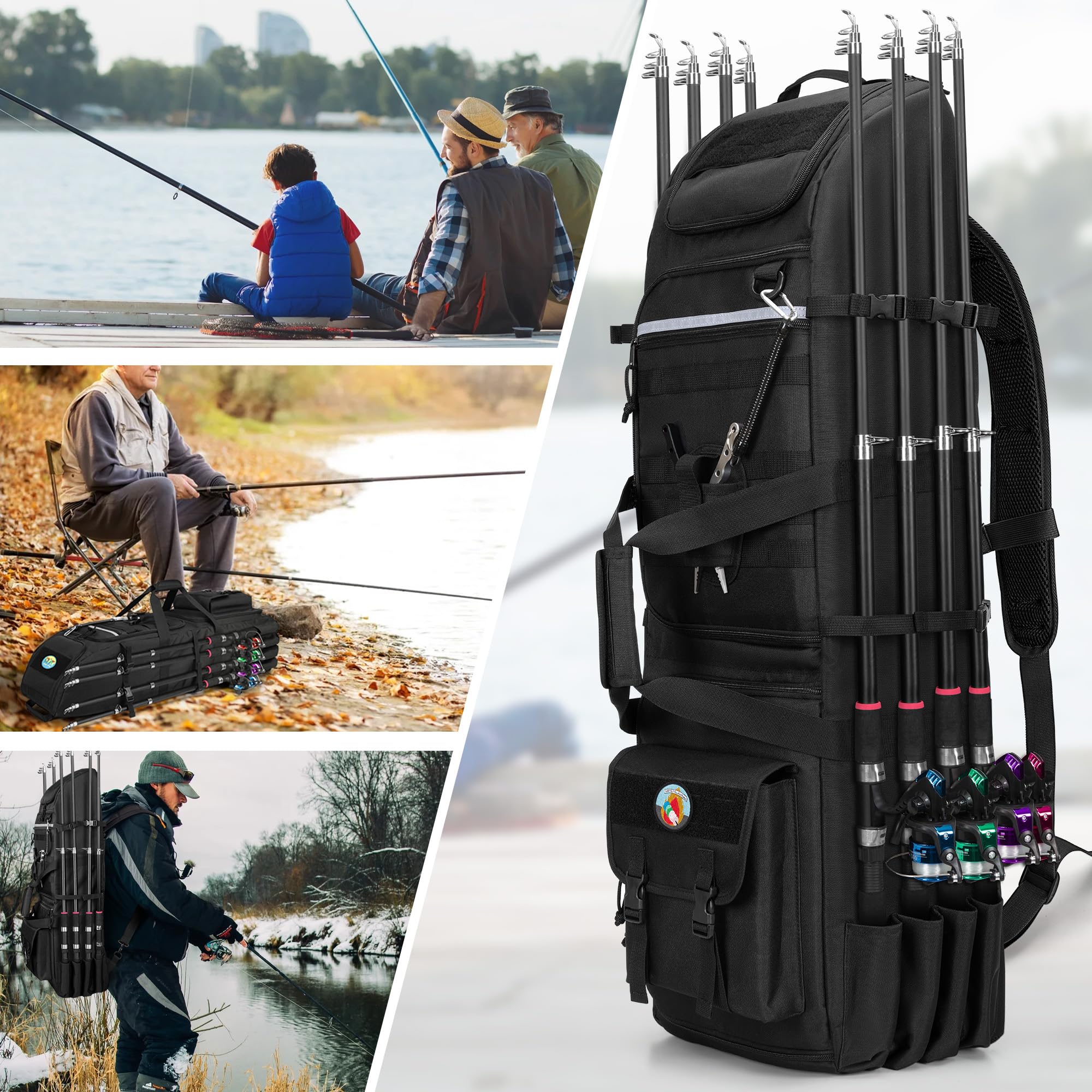 Rexmica Angelrucksack mit Rutenhaltern für 8 Outdoor-Angelrute, Schwarz | Angelrutentasche mit Fächern für Tackleboxen, Große Angelausrüstung Rucksack für Angeln Wandern Camping Trekking